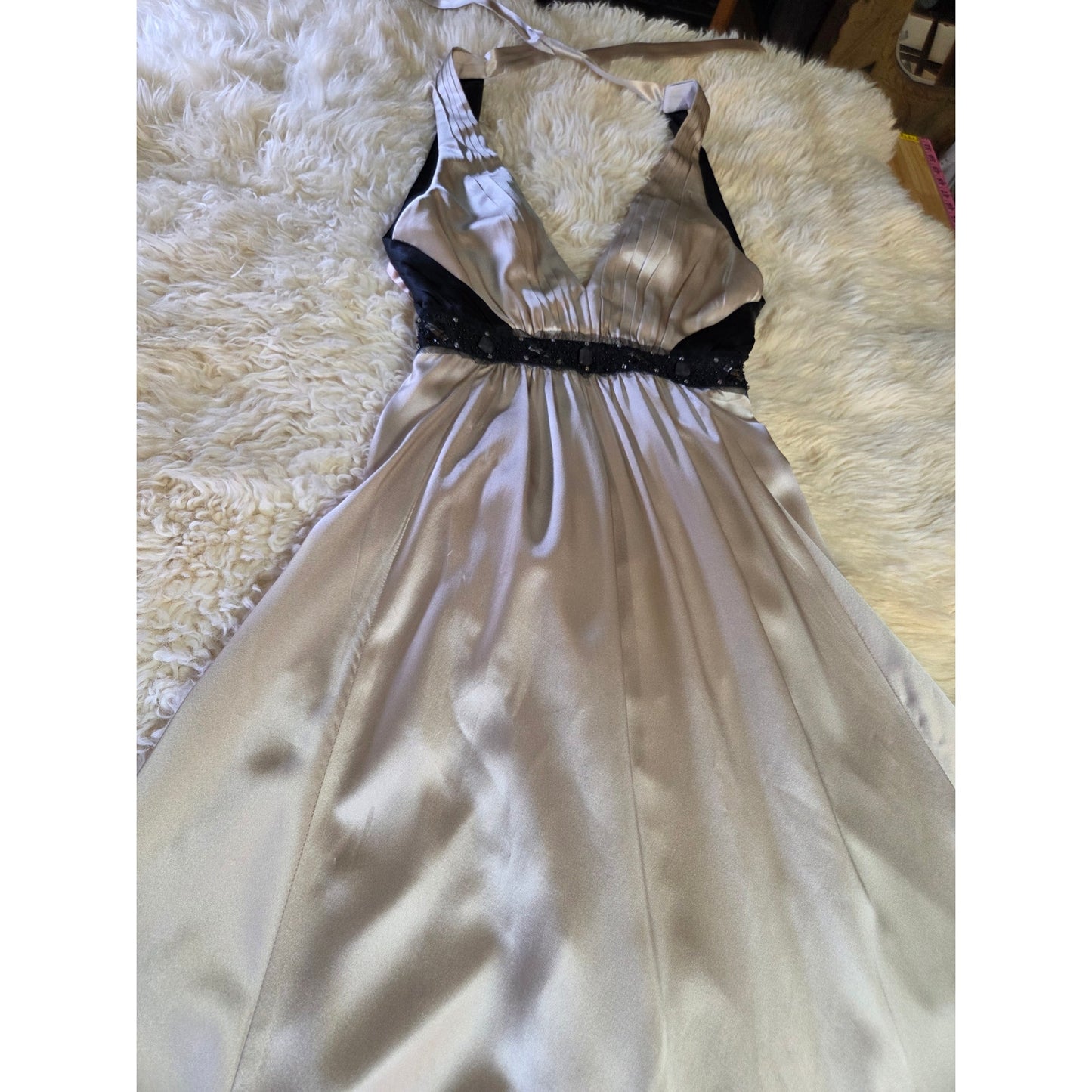 BCBGMAXAZRIA 100% Silk Satin Sleeveless Formal Gown Taupe Black Rhinestones 2