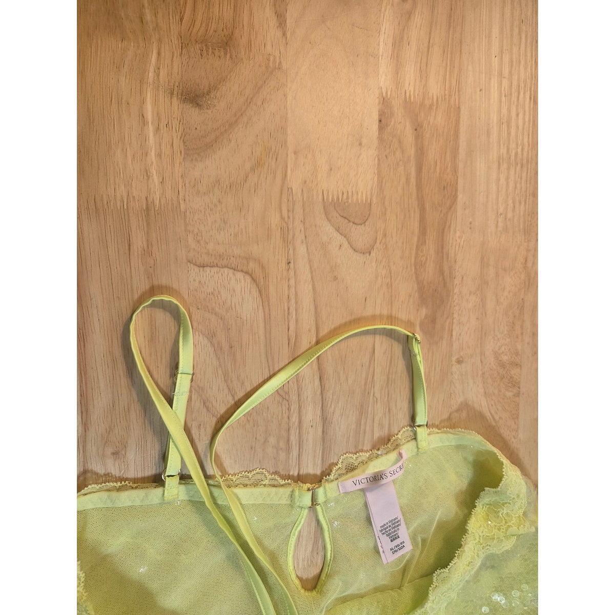 Viral Victoria's Secret lime green spaghetti strap sequin slip dress lace xl