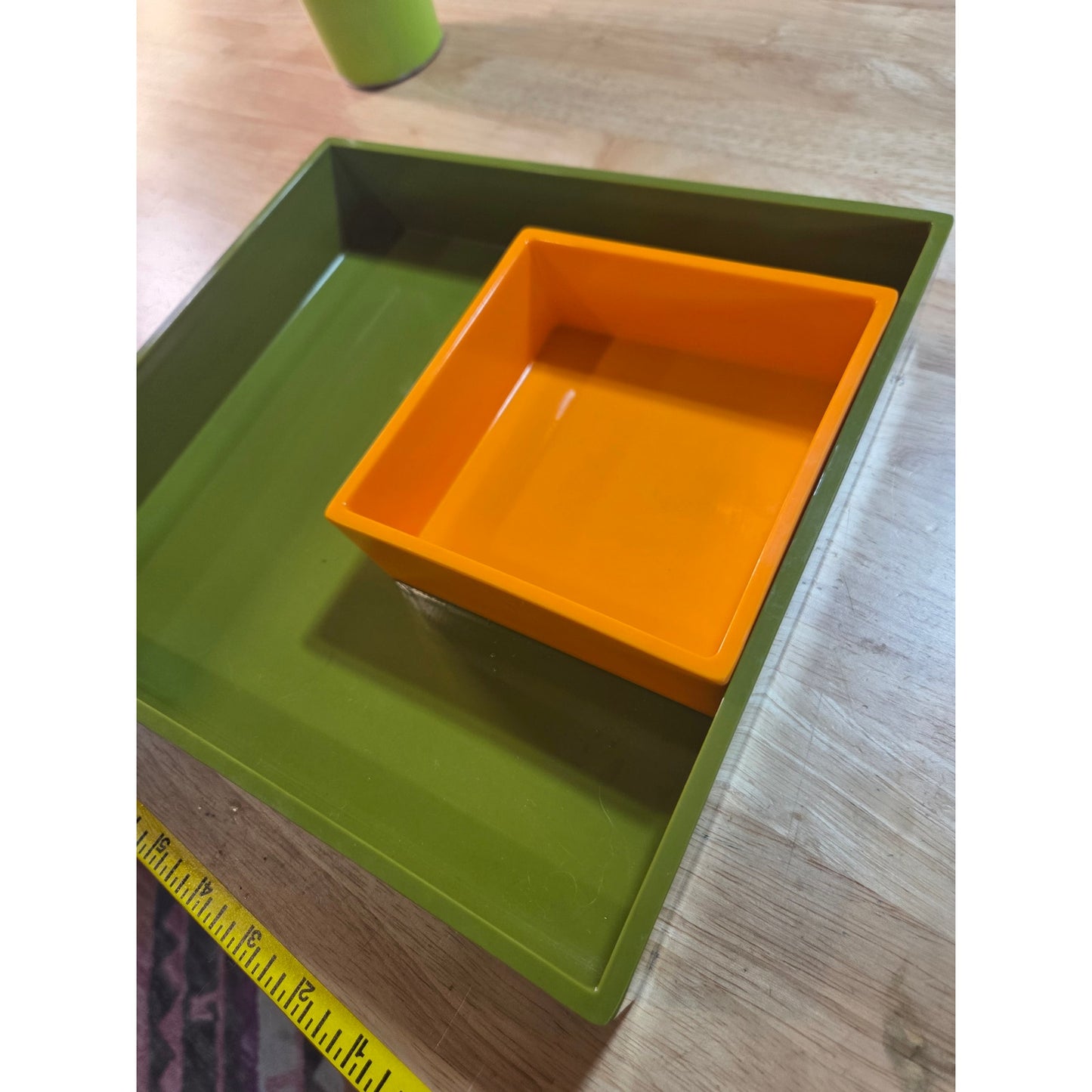 Vintage Serving Trey Set Maybe Bakelite Orange Green Square Nesting 11"