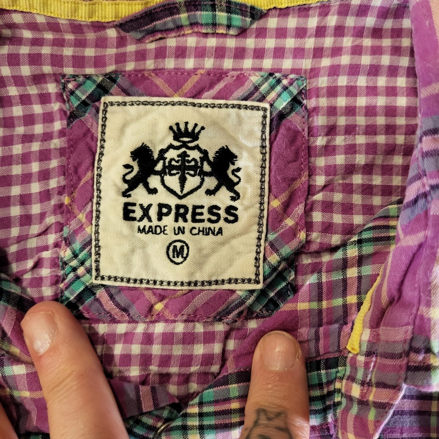 Express Purple Tartan Plaid Short Sleeve Pearl Snap Collared Button Down M