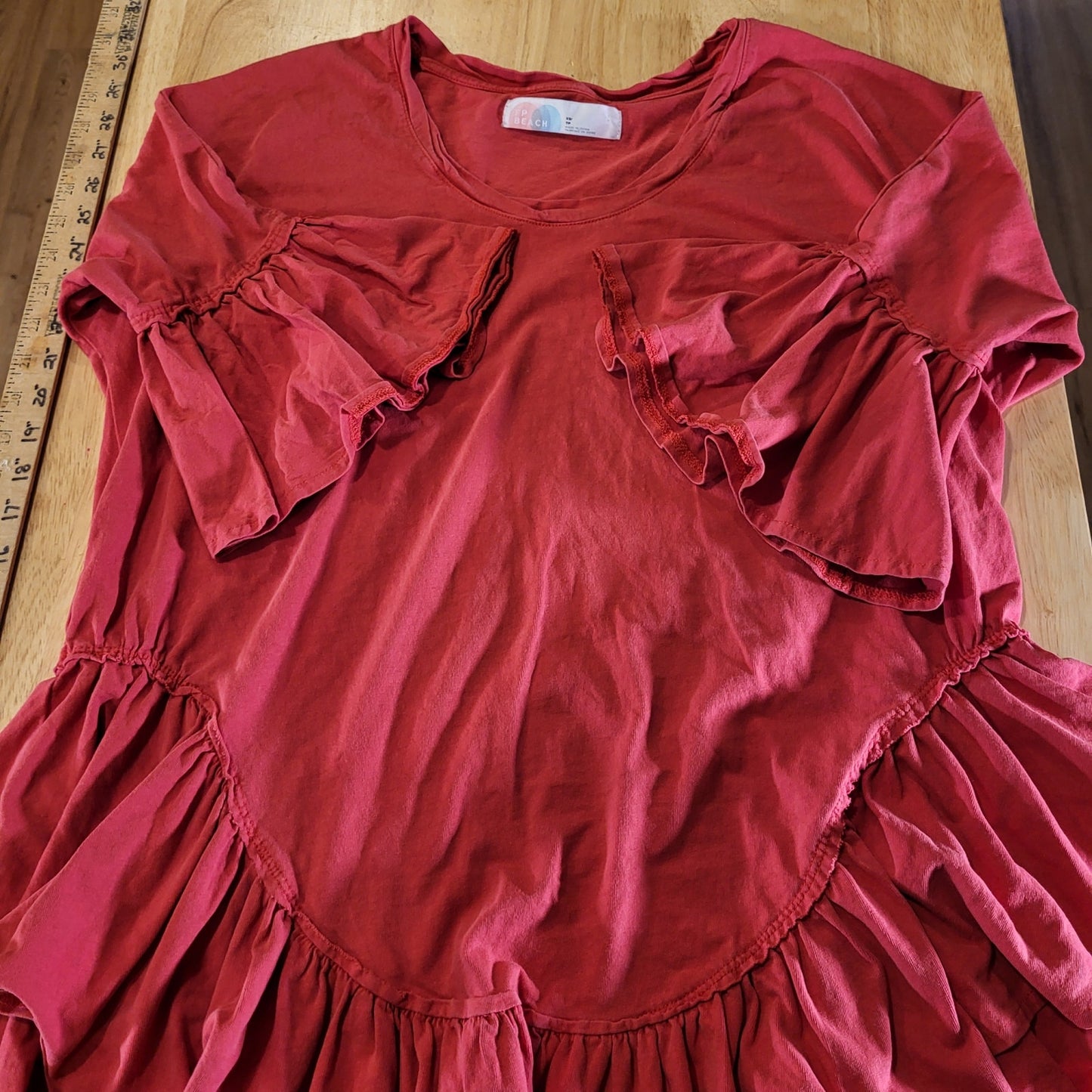 Free People Beach 100% Cotton Jersey Red Ruffle T-shirt Extra Small