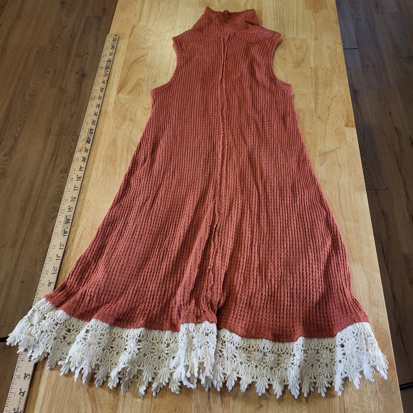 Altar'd State Waffle Knit Orange Rust Sleeveless Knee Turtle Neck Dress Lace Hem