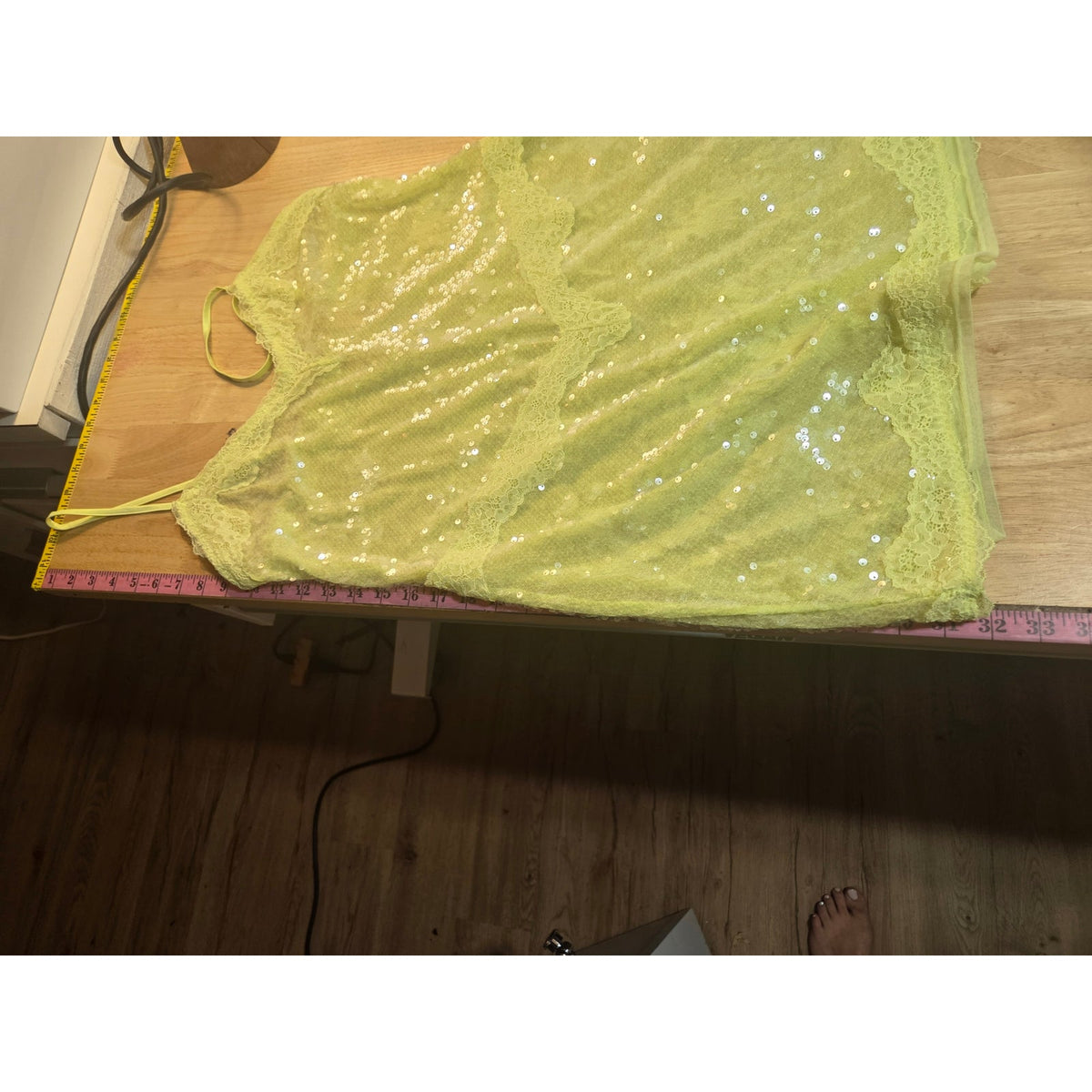 Viral Victoria's Secret lime green spaghetti strap sequin slip dress lace xl
