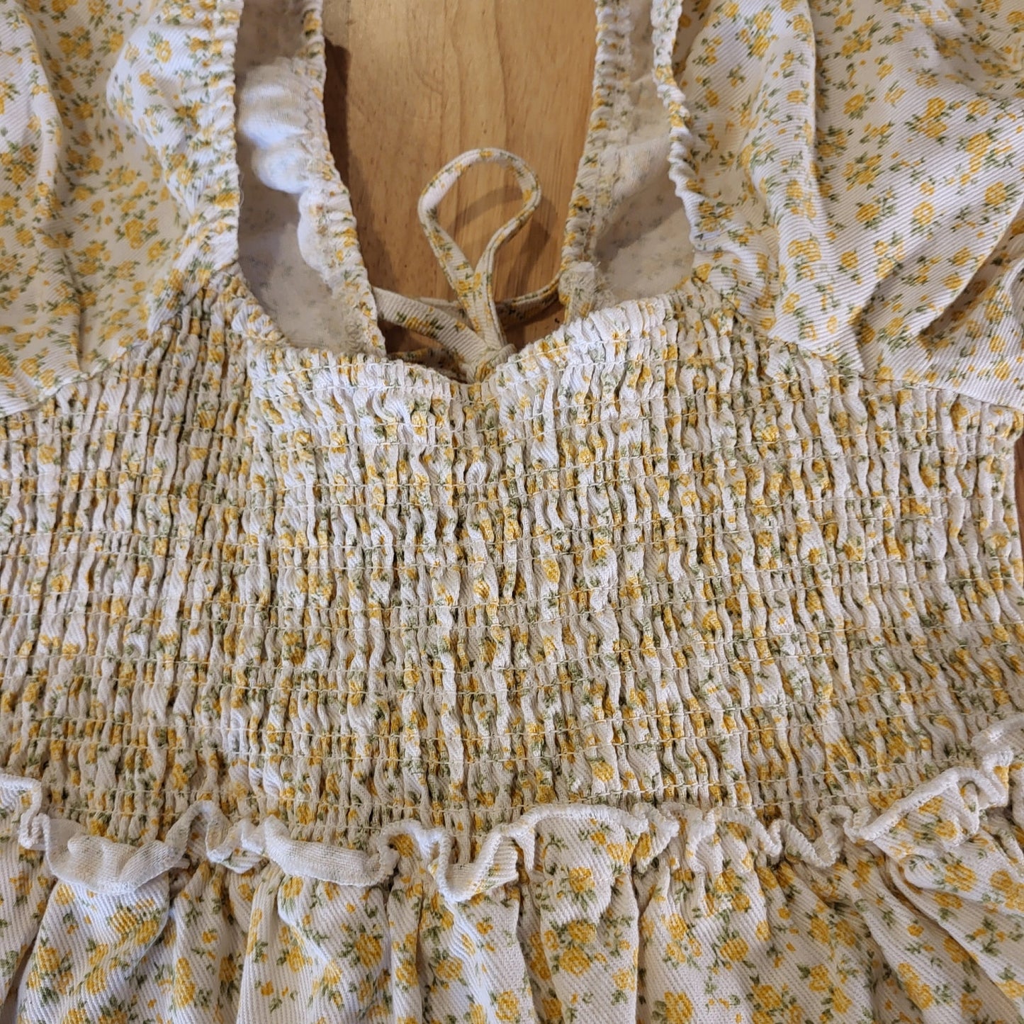 American Eagle Outfitters White Denim Yellow Flower Dress Laced Front Stretch