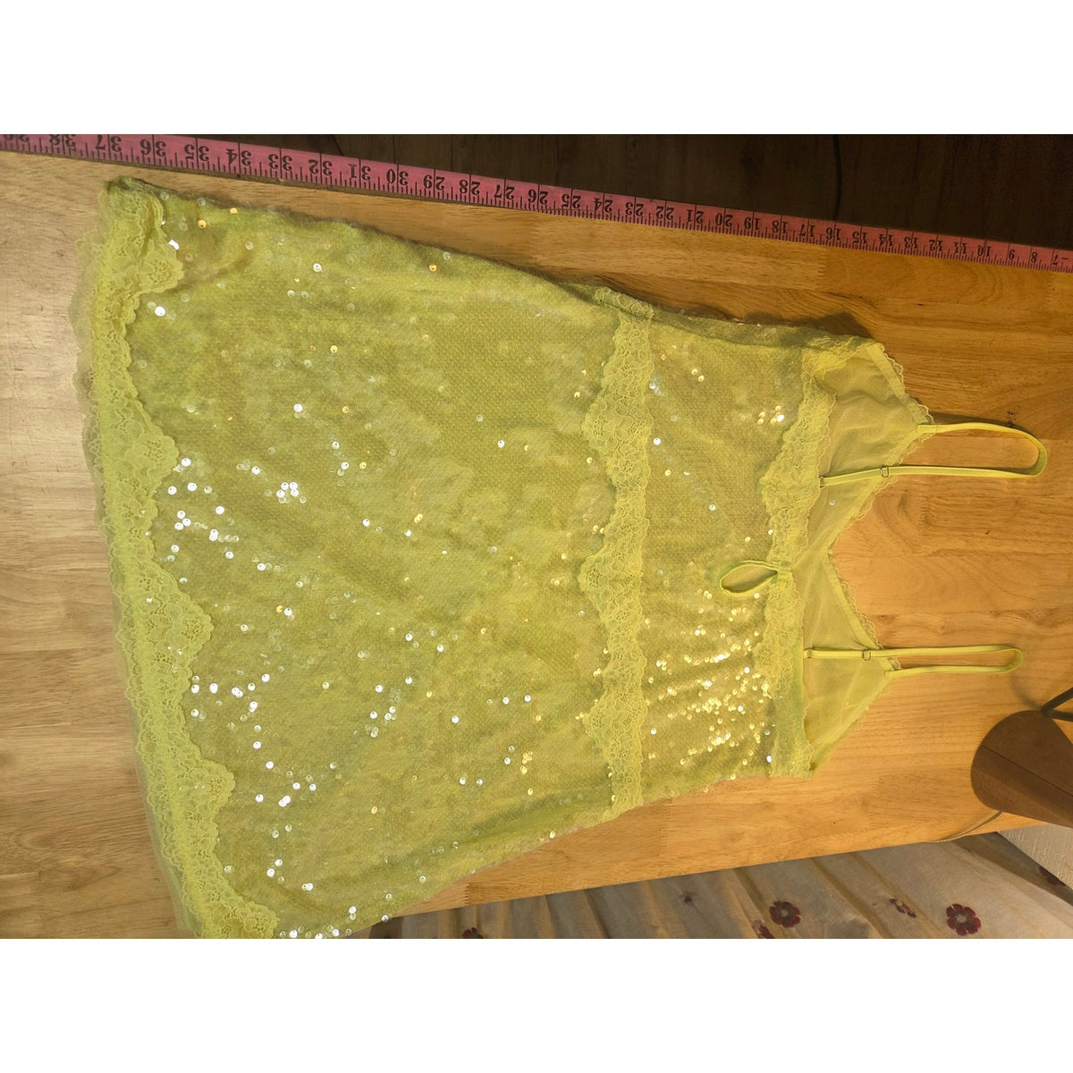 Viral Victoria's Secret lime green spaghetti strap sequin slip dress lace xl