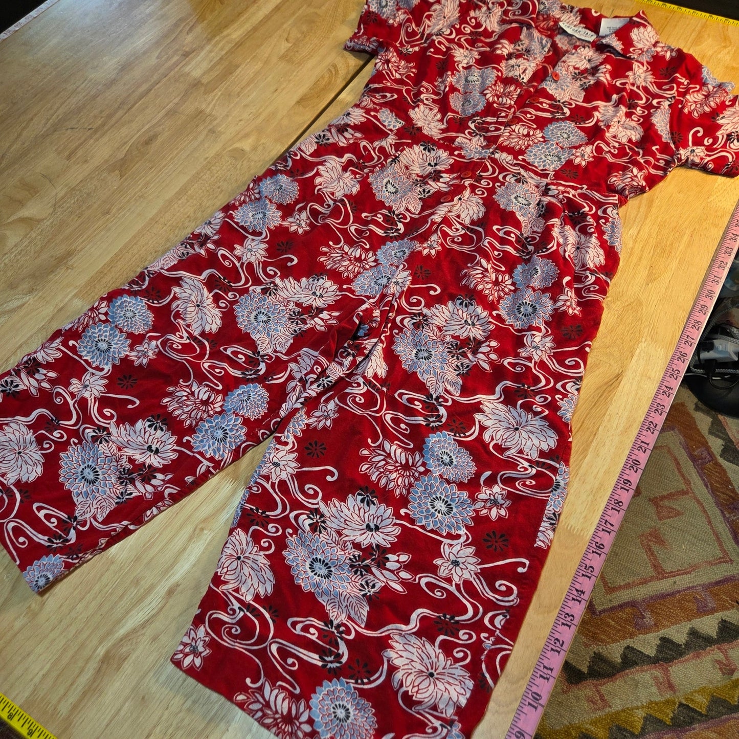 Bedford Fair Lifestyles petite large red Asian print rayon jumpsuit collared