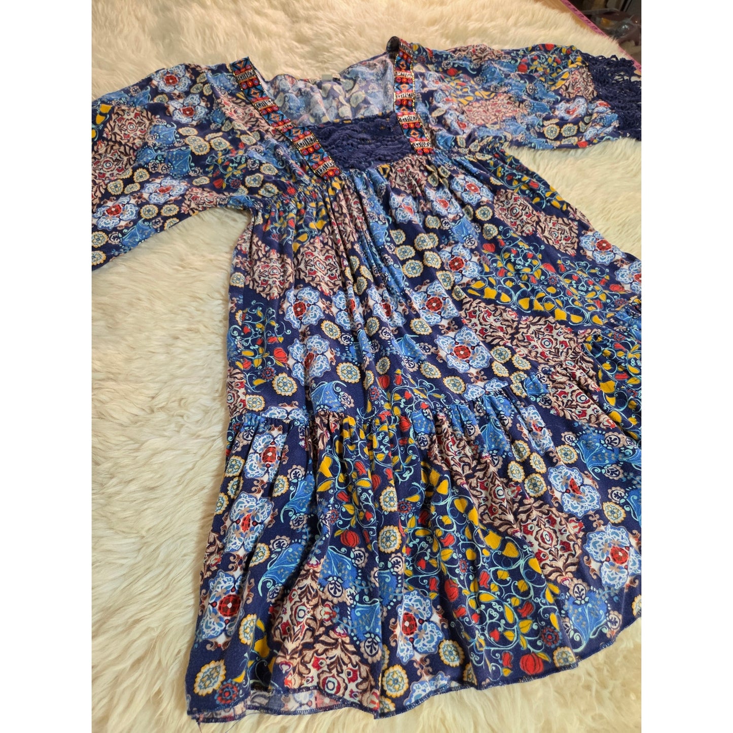 Live and Let Live colorful primary color blue Paisley red Mini dress small