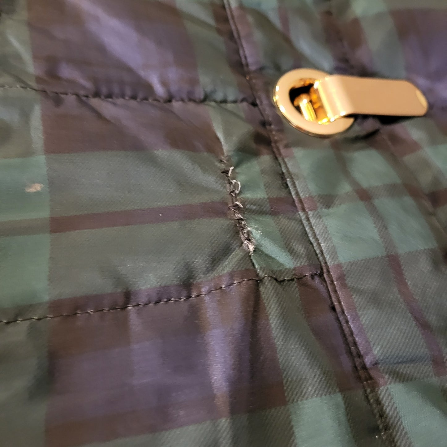 Charter Club Blue Green Plaid Puffer Coat Gold Closures (See slight damage)