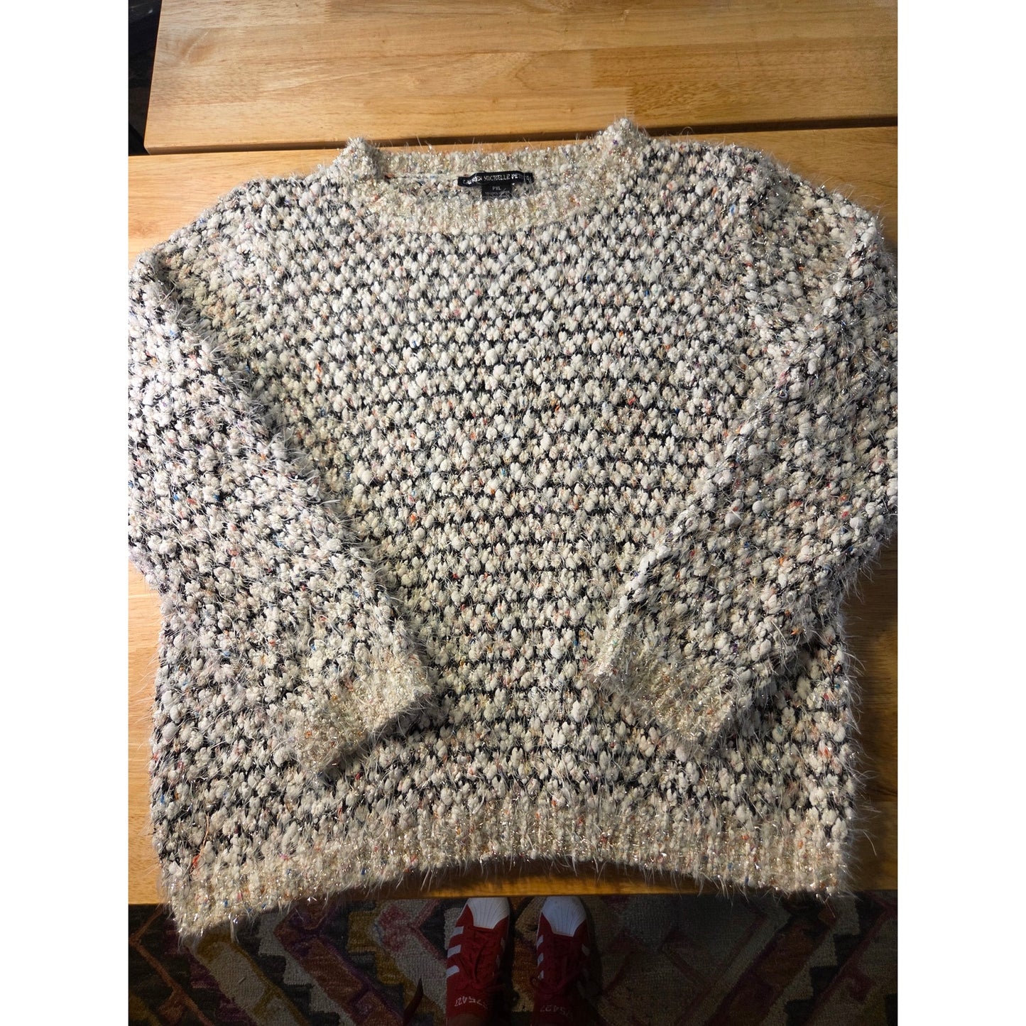 Lauren Michelle Petite PXL Chunky Metallic Knit Sweater Silver Black White