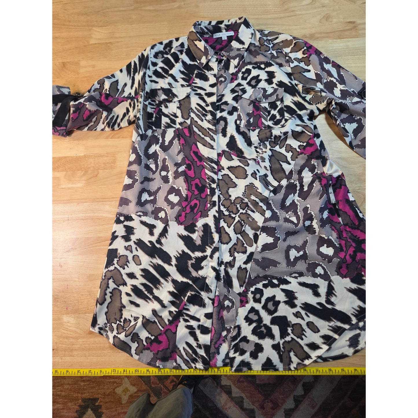 Silk culture size large 100% silk collared blouse colorful purple leopard print