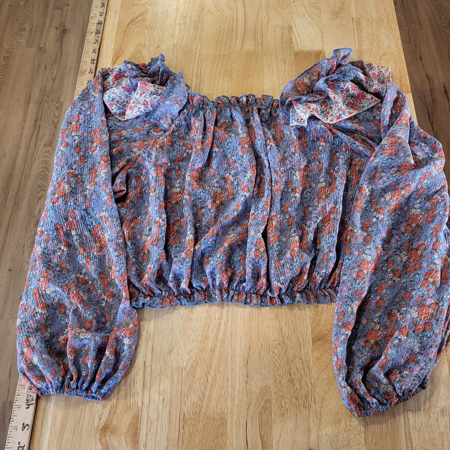 Entro Floral Puff Sleeve Bardot Summer Blouse Ruffle Stretch 21" Medium