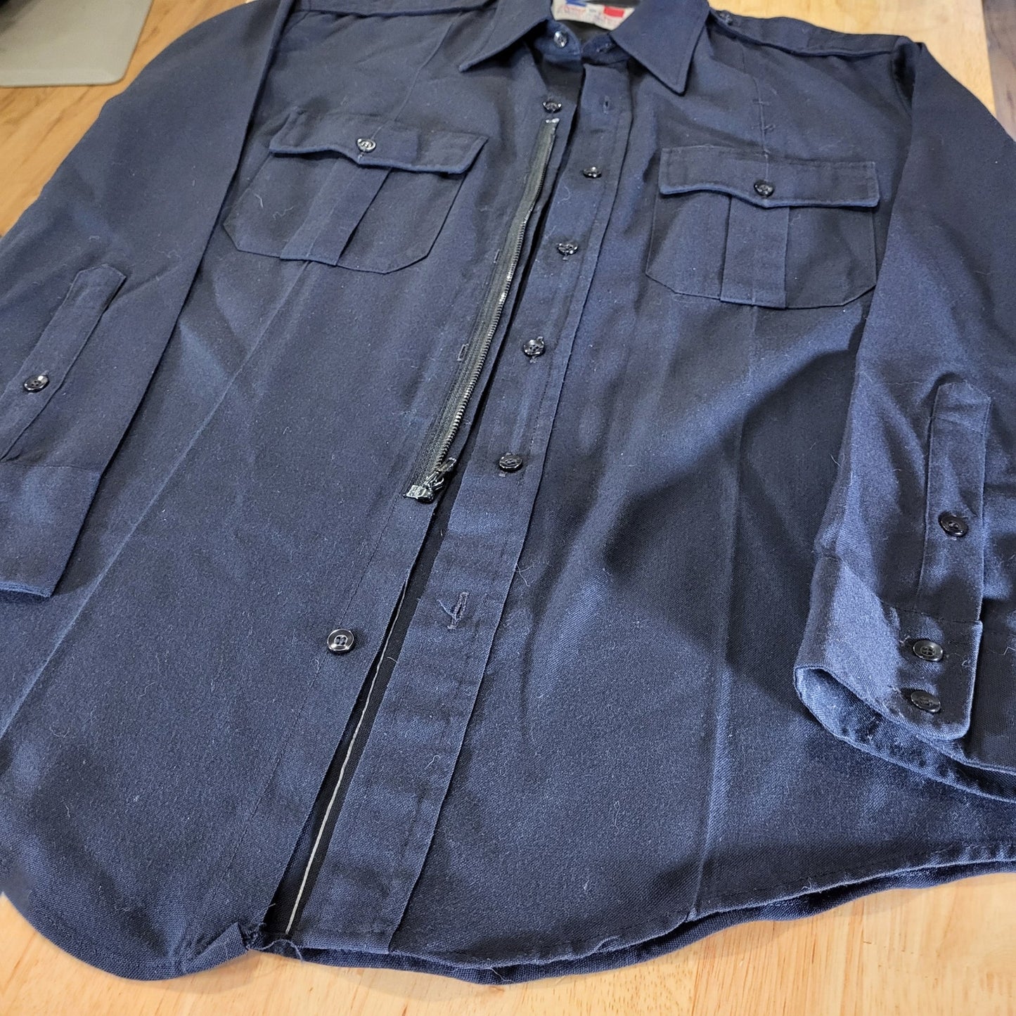 Vintage Flying Cross Dacron Rayon Blend Navy Blue Faux Button Zip 26" P2P