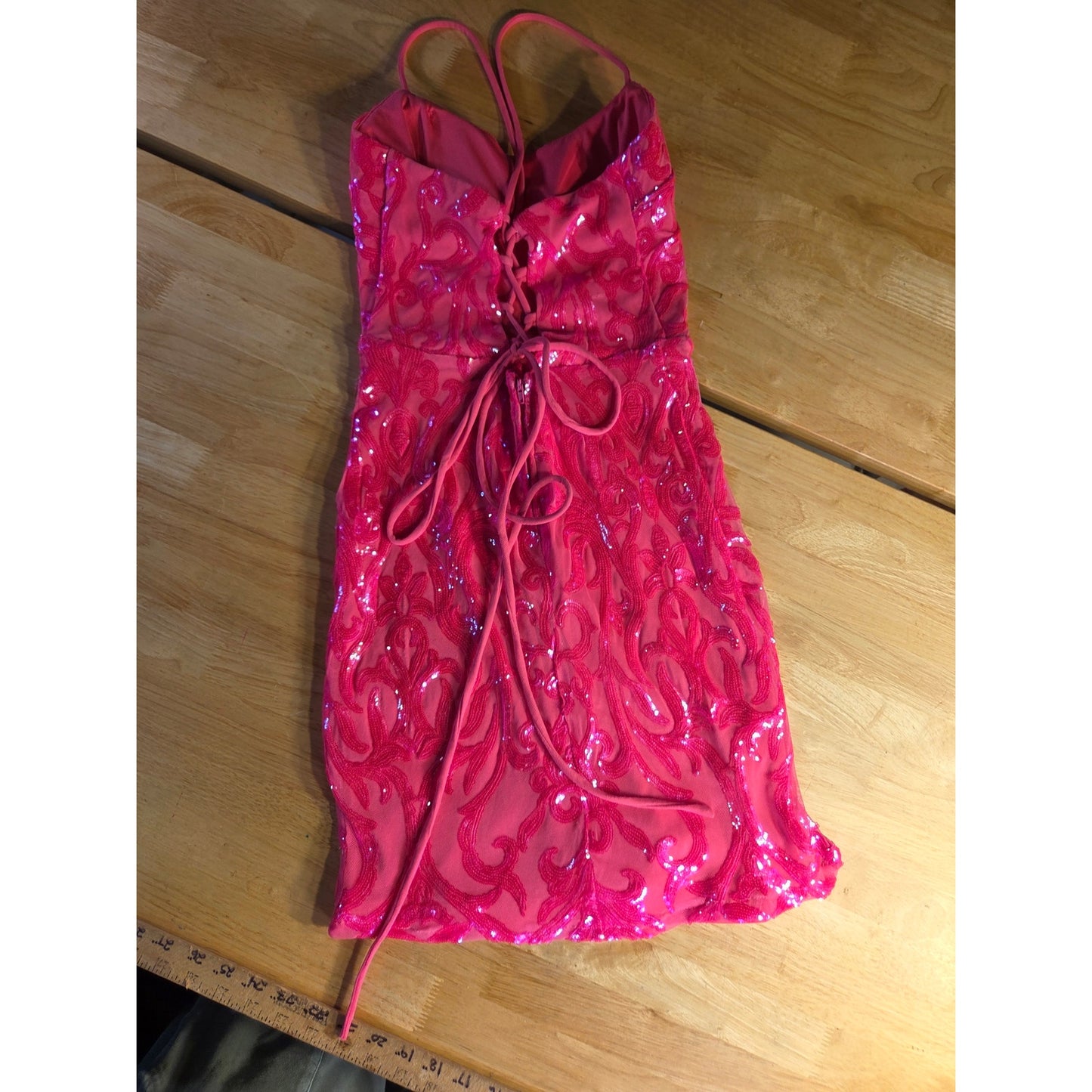 City Vibe neon pink bodycon spaghetti strap lace back dress stretch Mini 7
