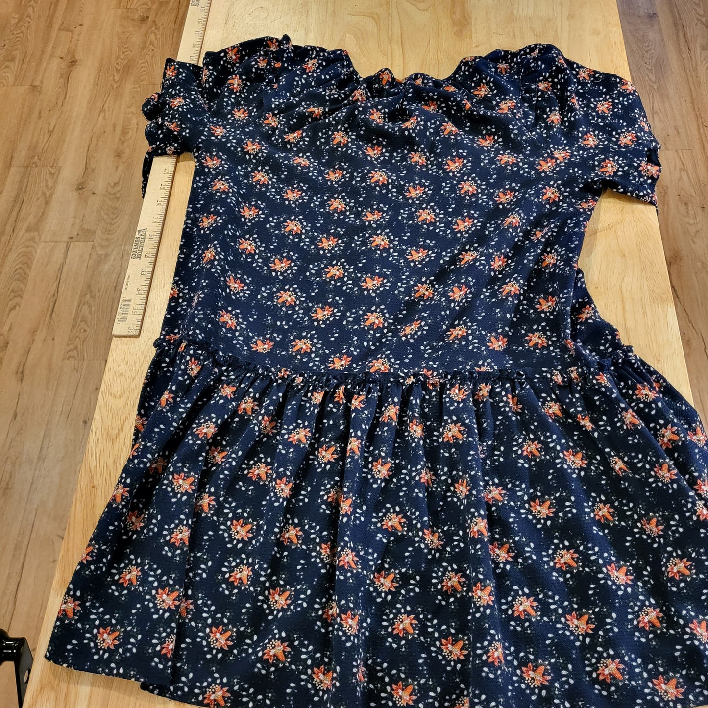 Max Studios Navy Blue Floral Ruffle 3/4 Sleeve Med Knee Length Dress