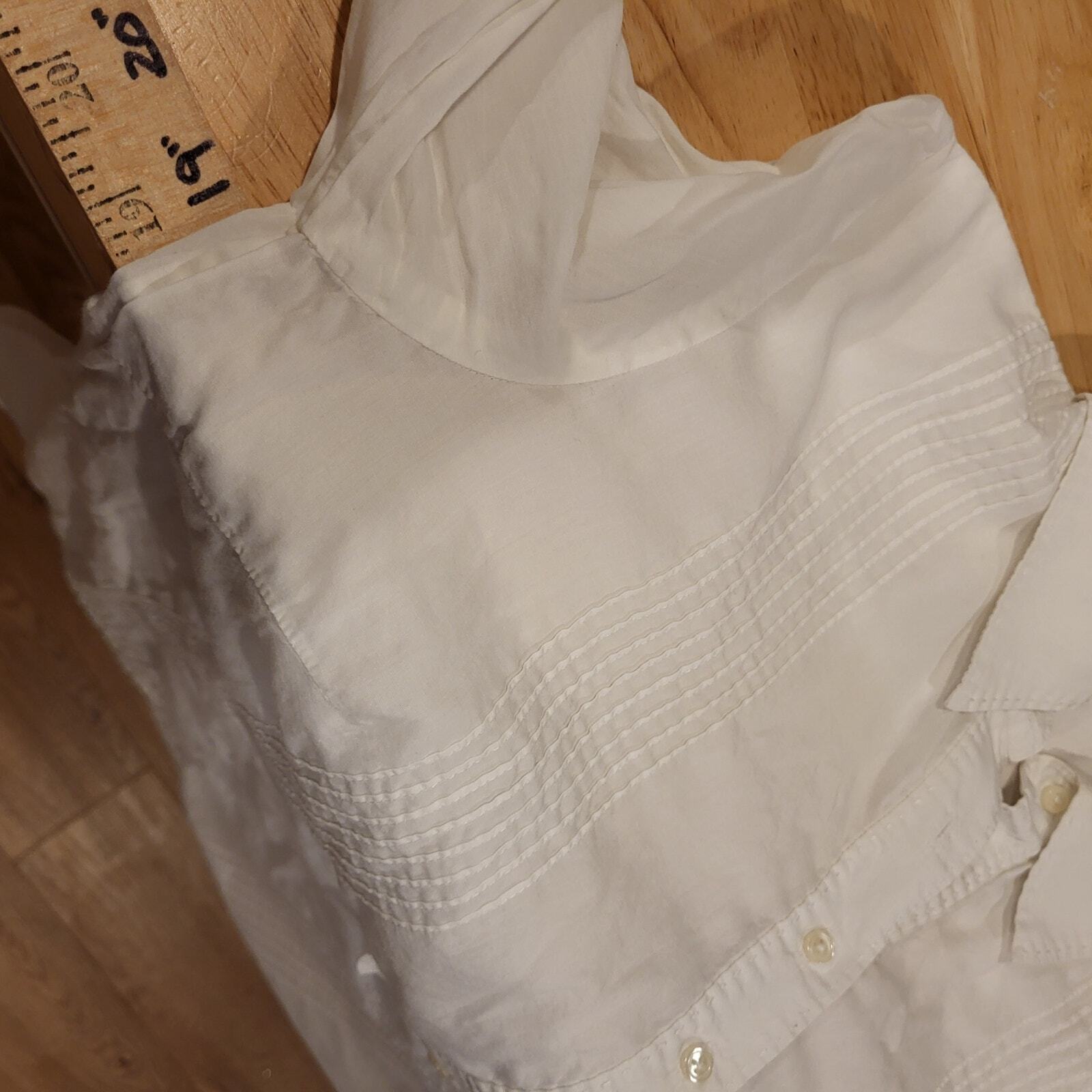 Tahari White Cotton Blouse Pleated Lattice Hem Button Detail 19" P2P