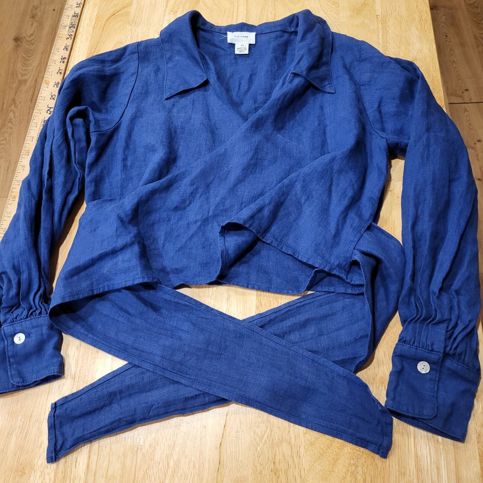 R. G. Kane Rosie Wrap Blouse Blue XS 100% Linen Made in USA 18" P2P
