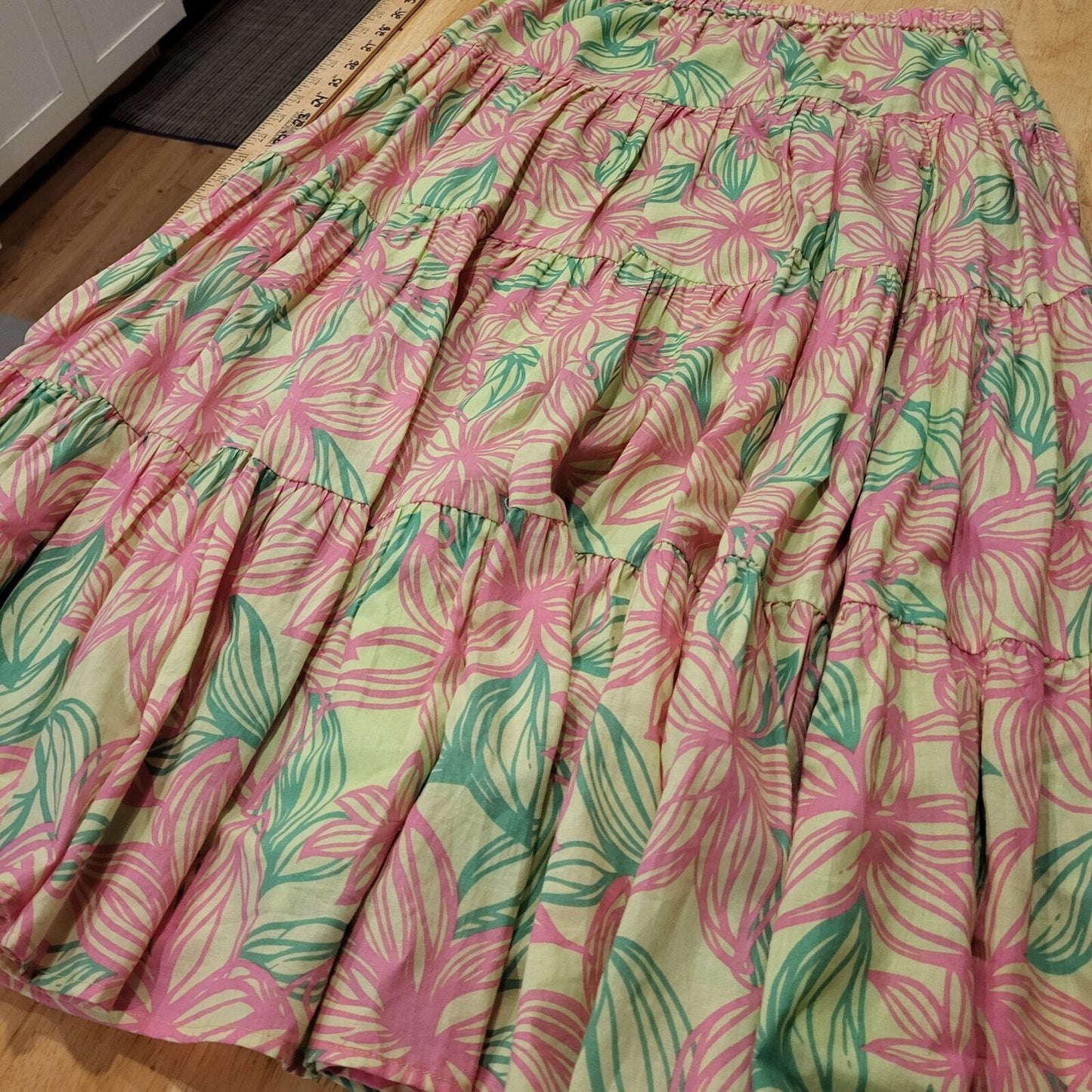 Lilly Pulitzer Pink & Green Floral Elastic Waist Maxi Prairie Skirt XS Cotton