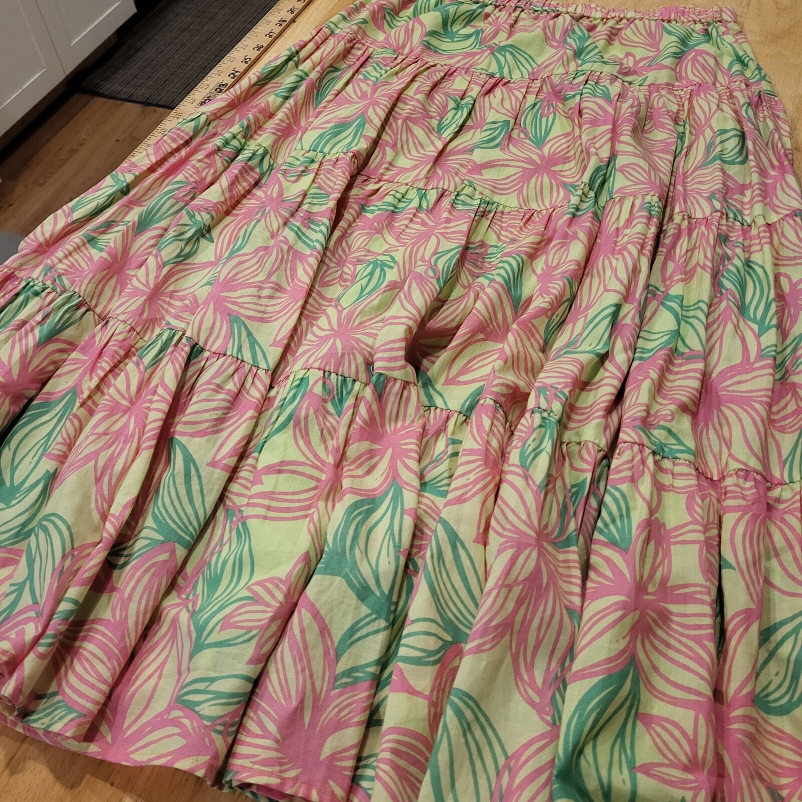 Lilly Pulitzer Pink & Green Floral Elastic Waist Maxi Prairie Skirt XS Cotton