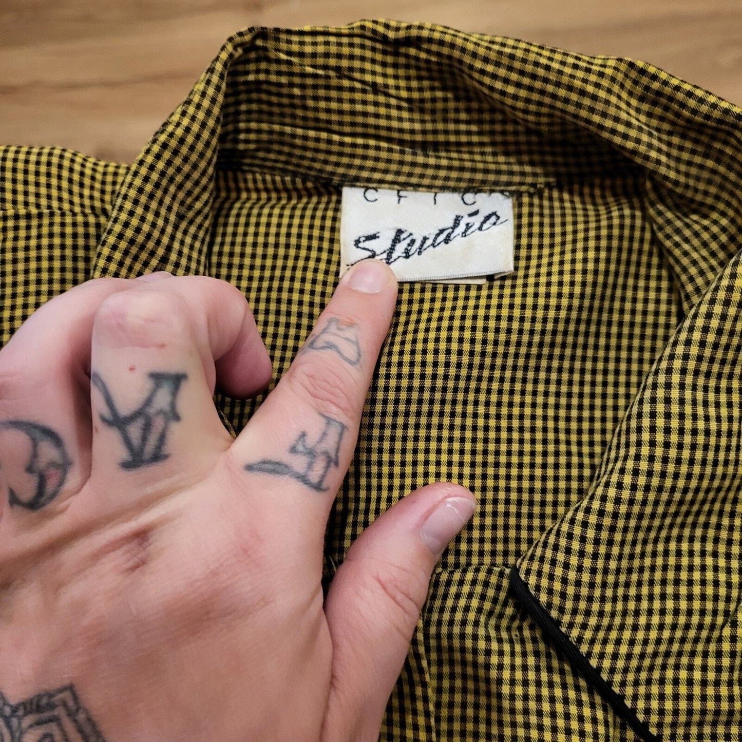 Vintage Cftc Studio Black and Yellow/green Check A-line Button Down Collared Top