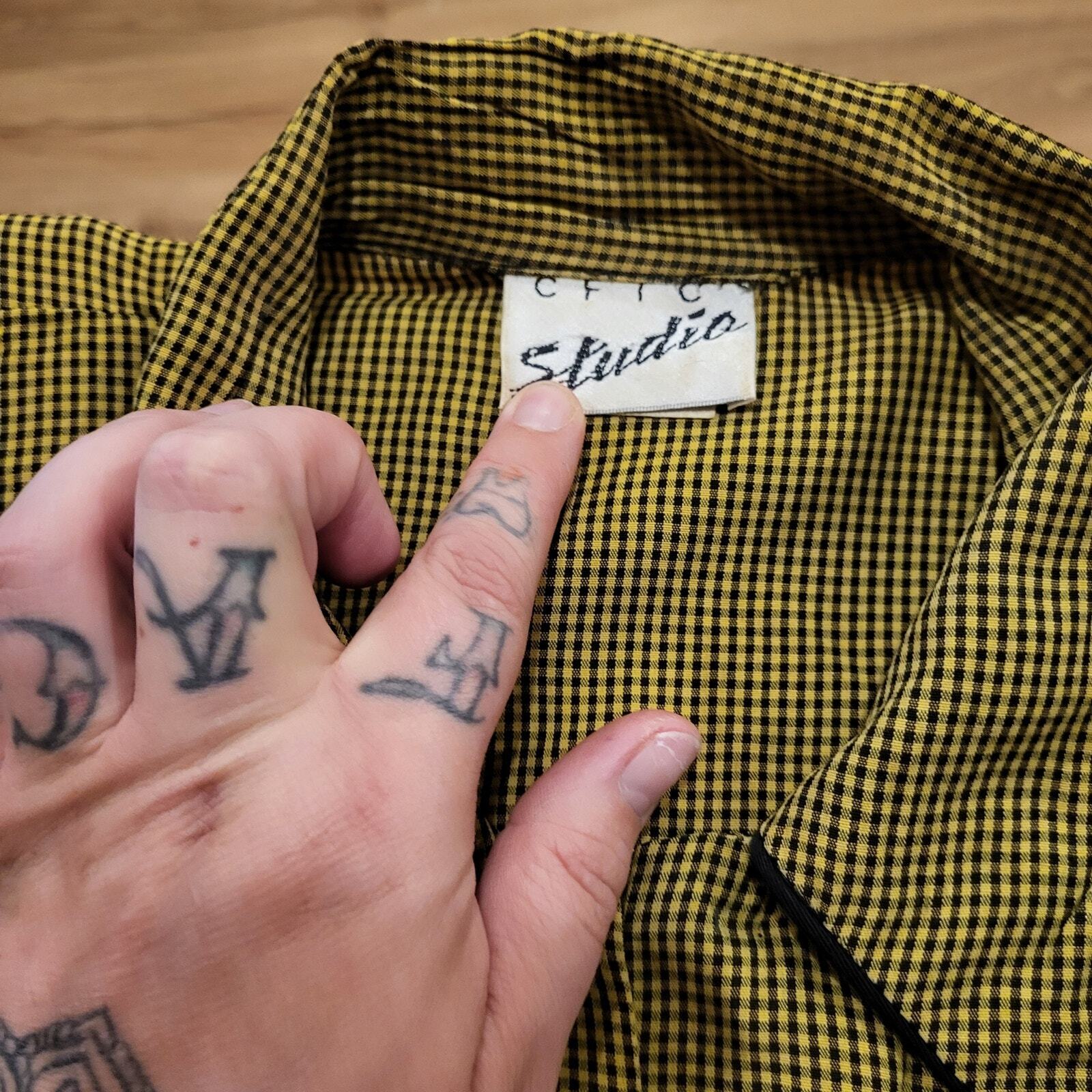 Vintage Cftc Studio Black and Yellow/green Check A-line Button Down Collared Top