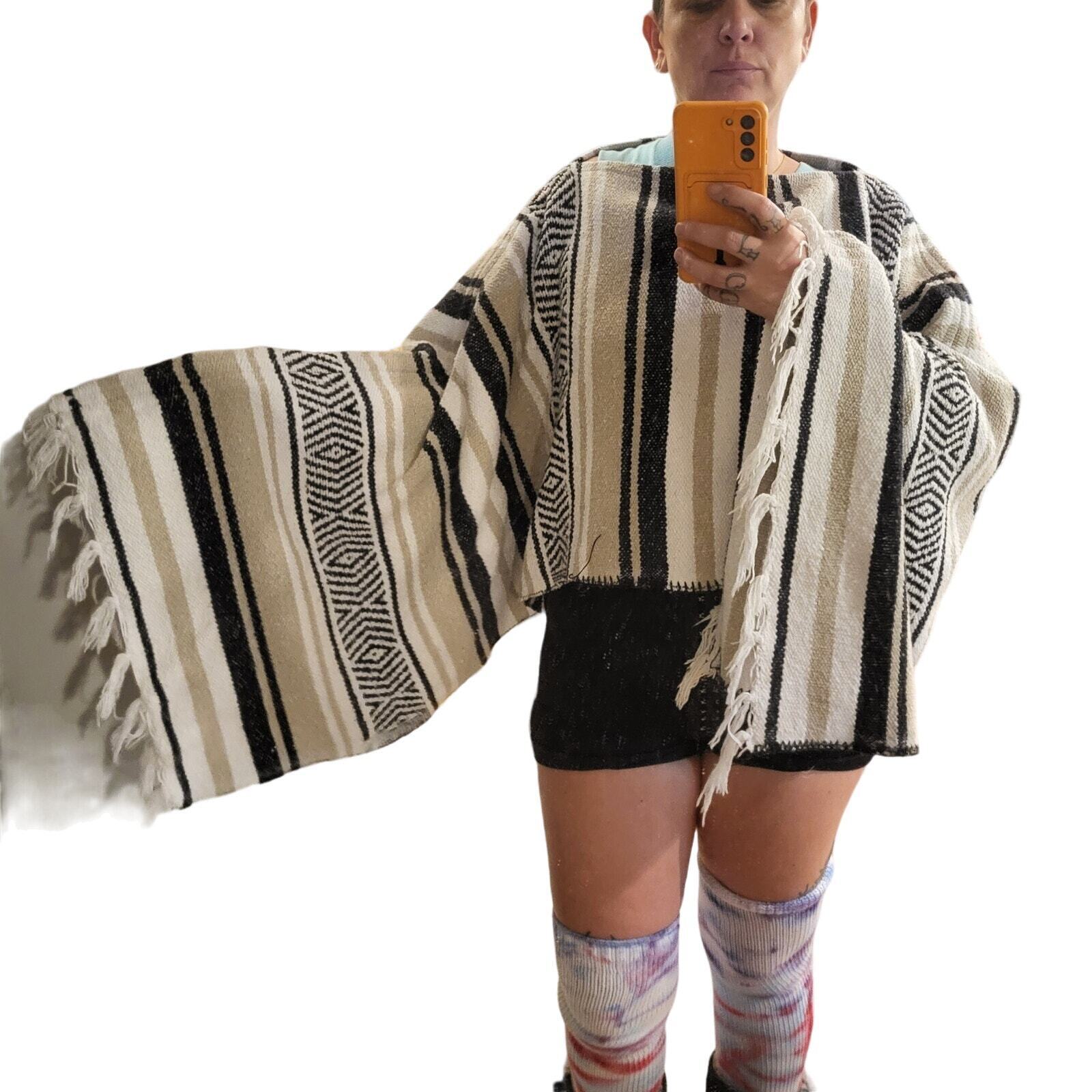 Handmade Mexican Gray Black Striped Poncho Two Ways To Wear Cotton Blend 