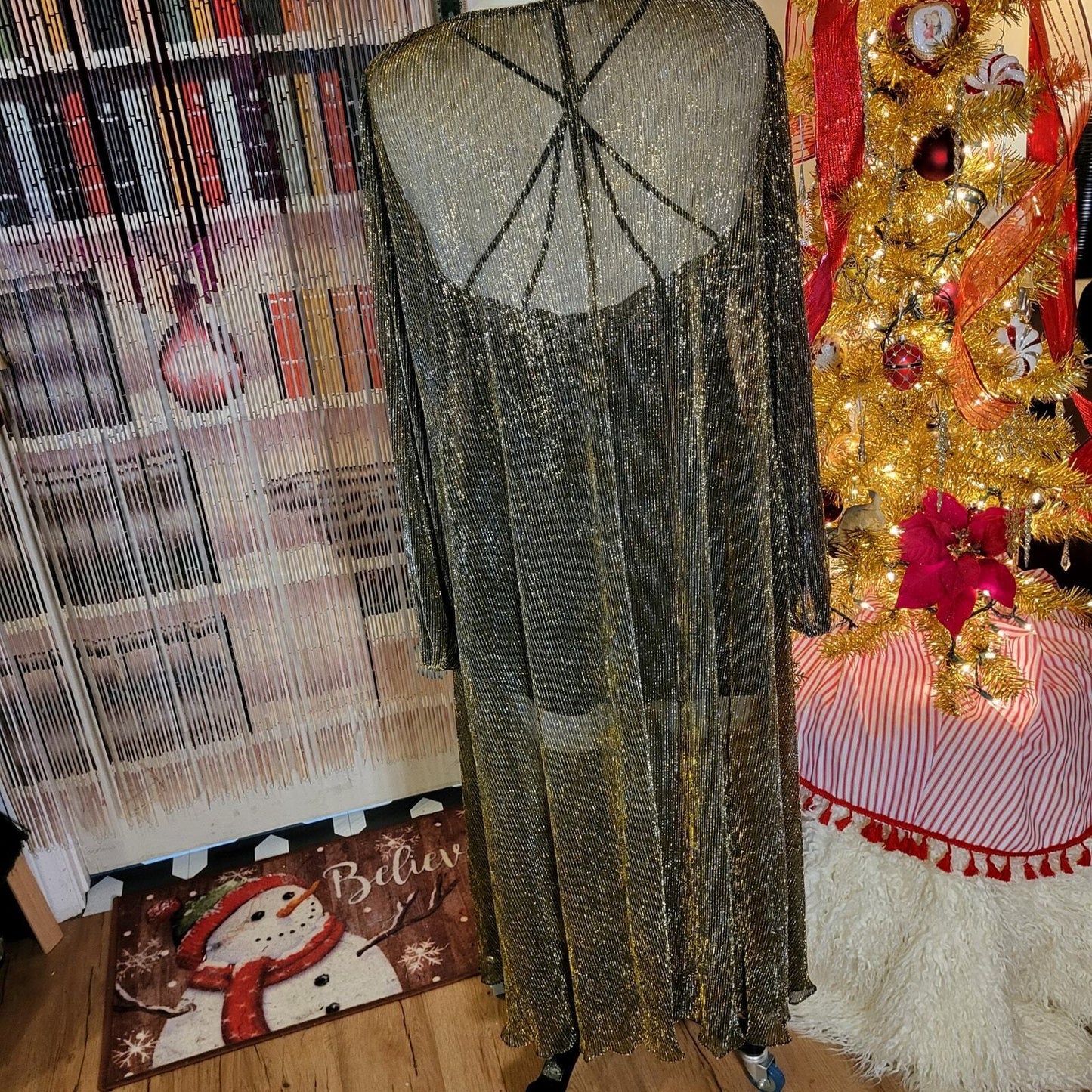 Gold Metallic Vintage Sheer Maxi Dress Long Sleeve Belt 24" P2P Ribbed