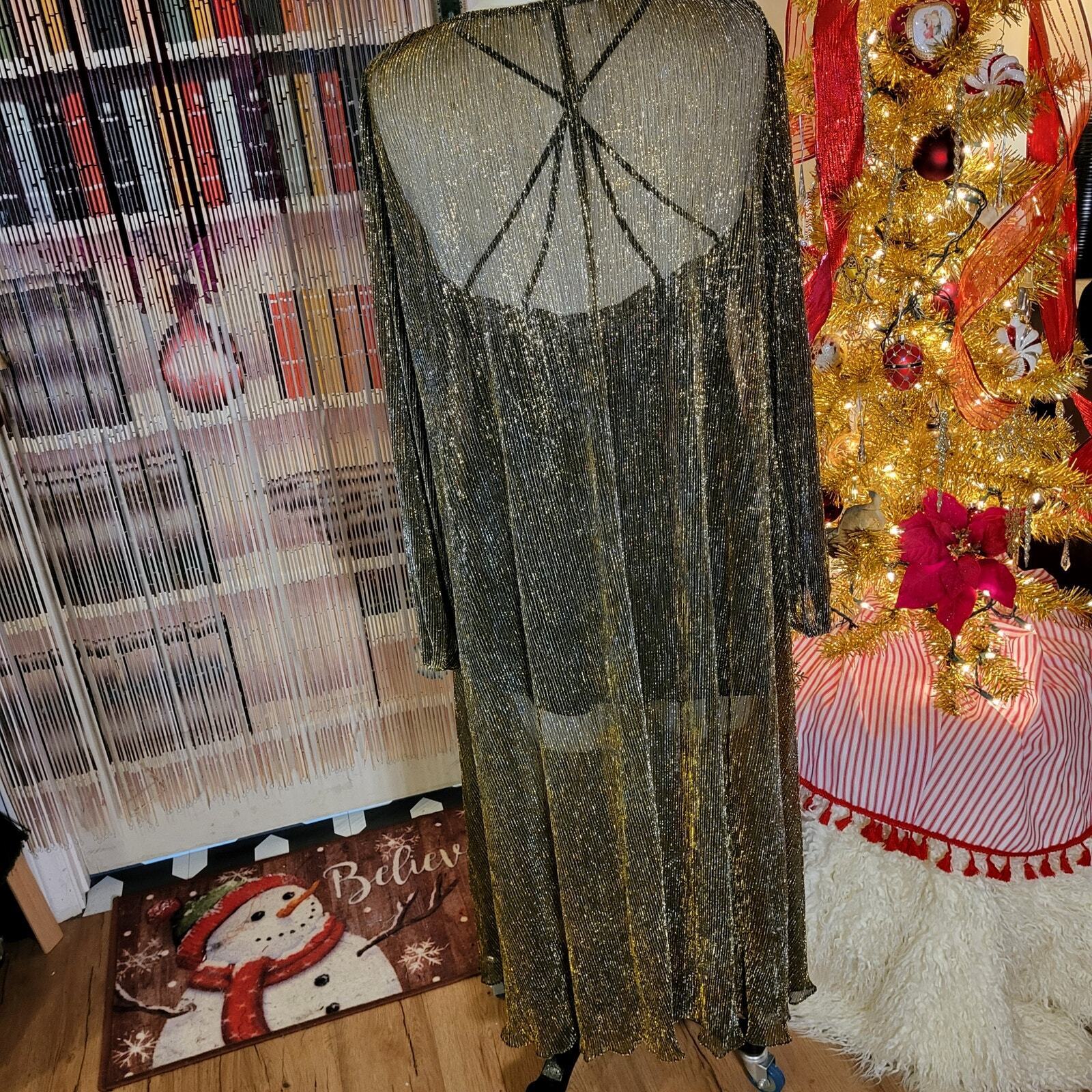 Gold Metallic Vintage Sheer Maxi Dress Long Sleeve Belt 24" P2P Ribbed