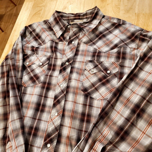 Vintage Wrangler Pearl Snap Medium Long Sleeve Button Down Brown Plaid  26" P2P