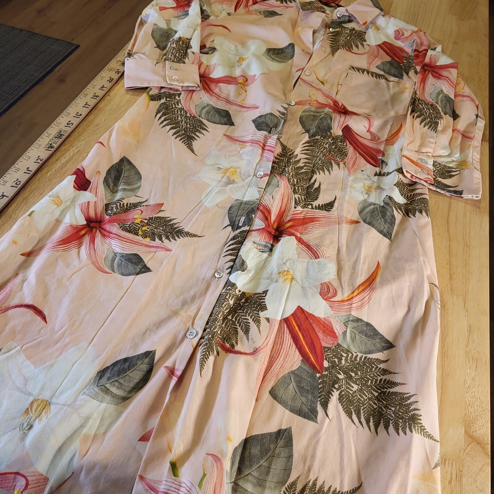 Zara Woman Pink Floral Tropical Shirt Dress Collared Button Belt Loop Small 