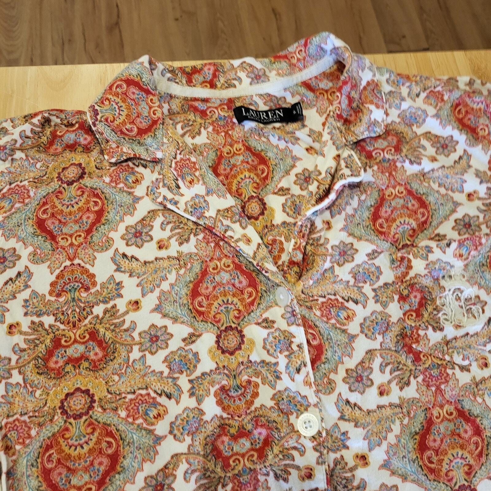 Ralph Lauren Paisley Light Weight Flannel Pajama Set Cotton Button Collared XL