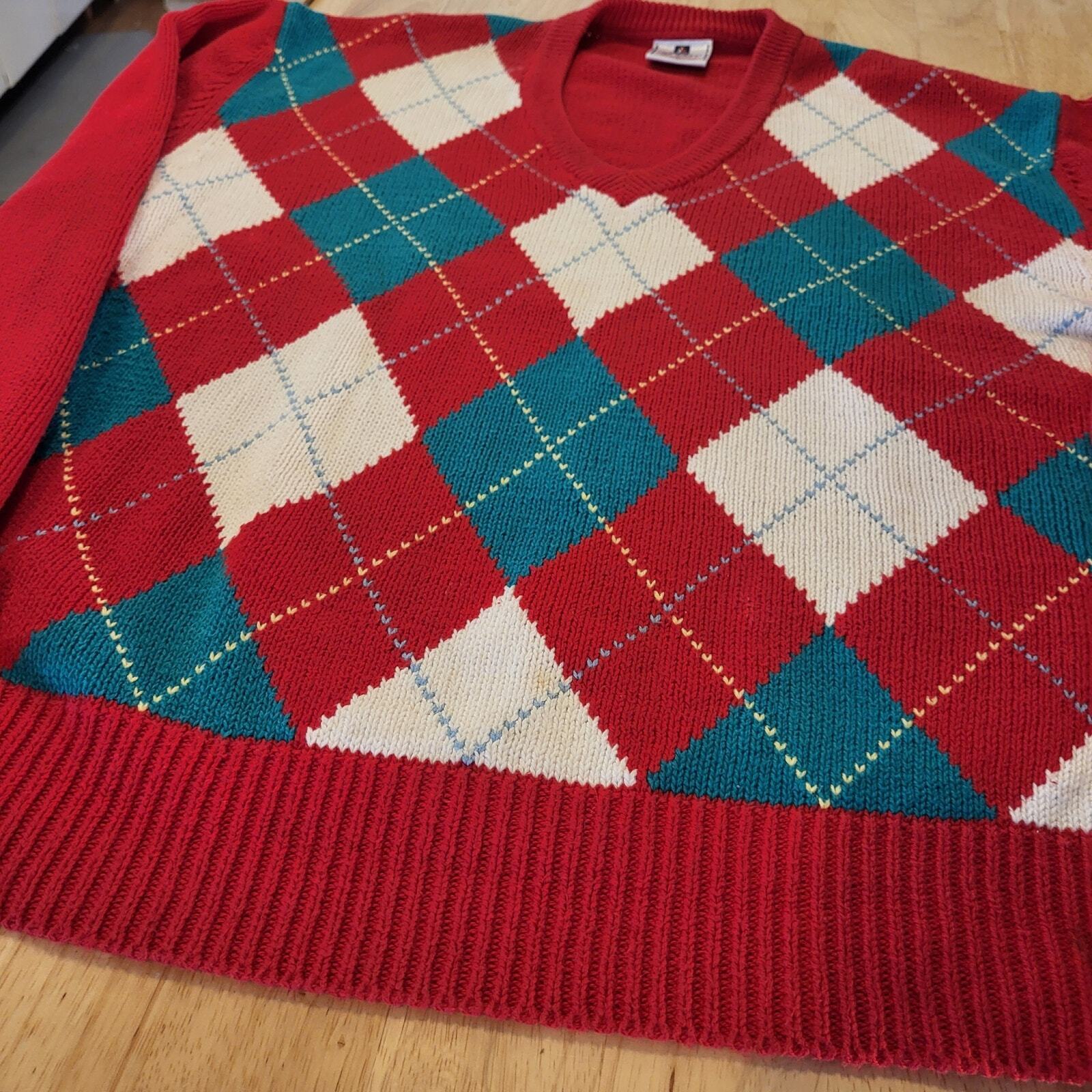 Vintage Argyle 100% Cotton Red White & Green Gold Norsport Lonng Sleeve Sweater 