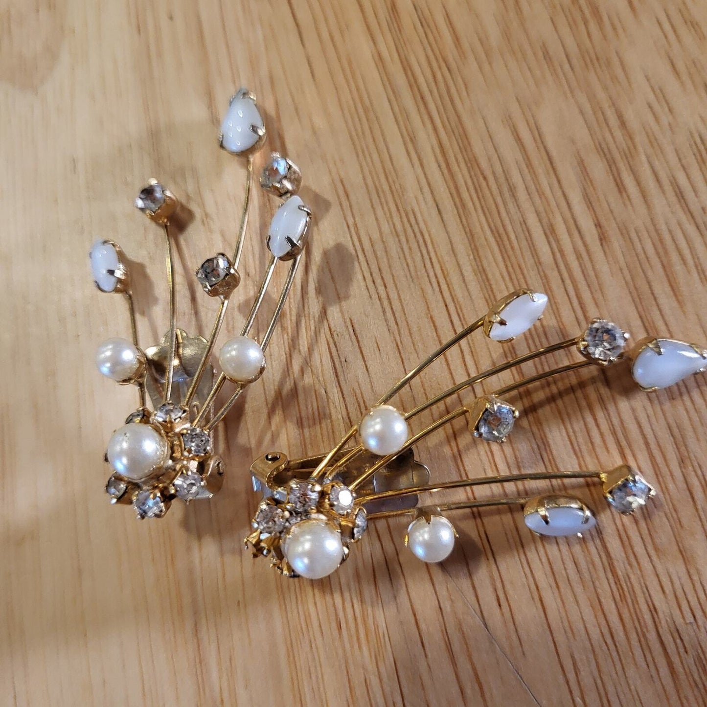 Vintage Gold Pearl & Rhinestone Clip On Ear Hugging Jewelry 2"x1"