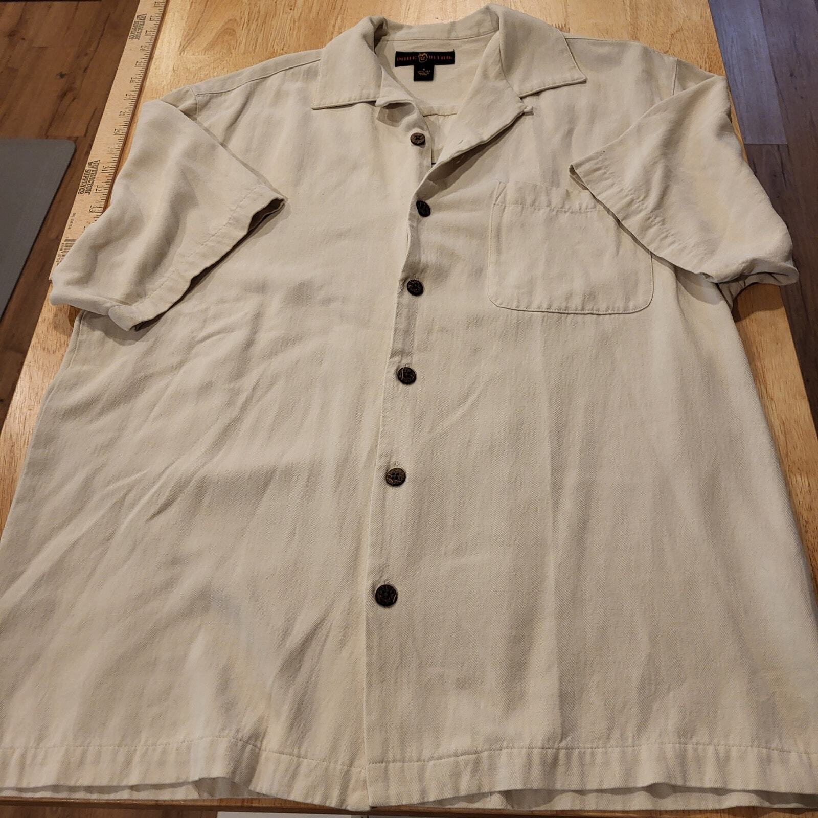 Mike Ditka 100% Silk Cream Short Sleeve Button Down Collared Shirt Small