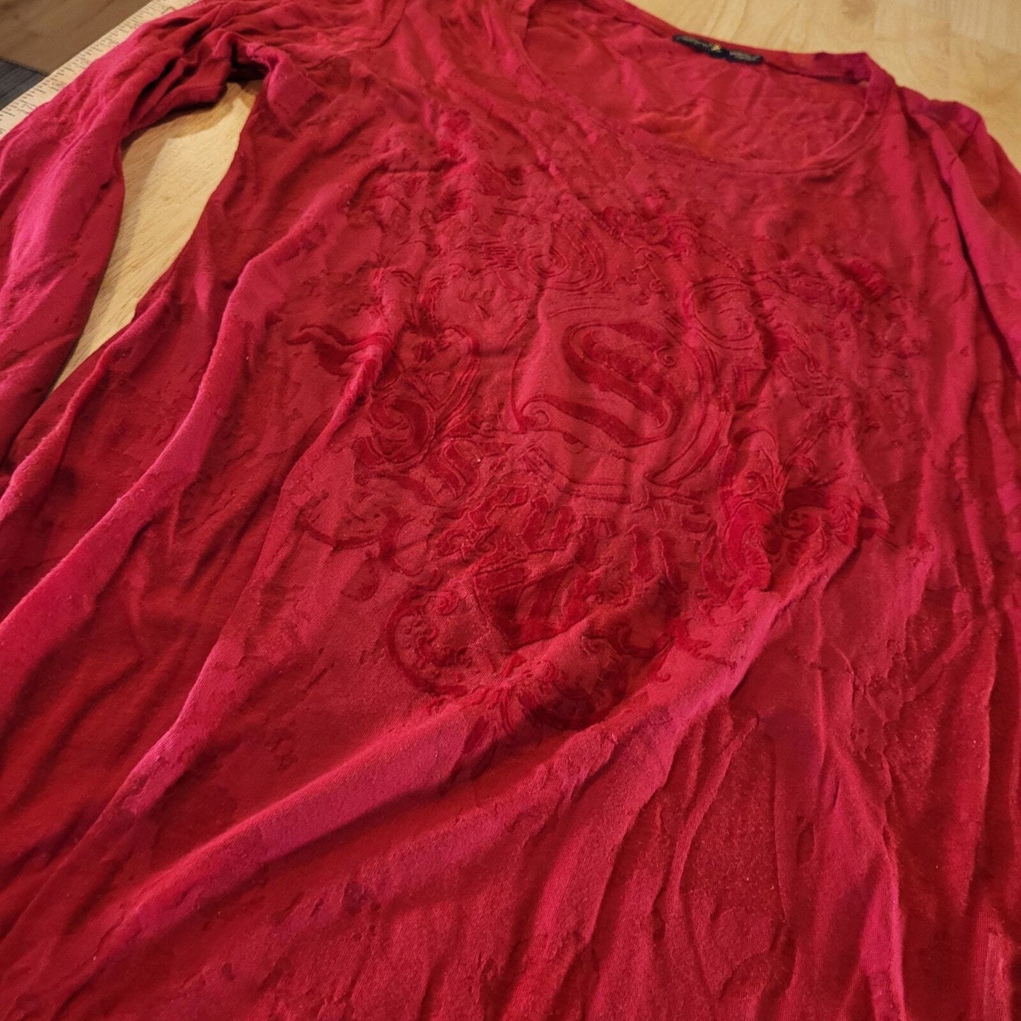 Seven7 For All Mankind Red Y2K  Long Sleeve T-Shirt Burnout Jersey  18" P2P