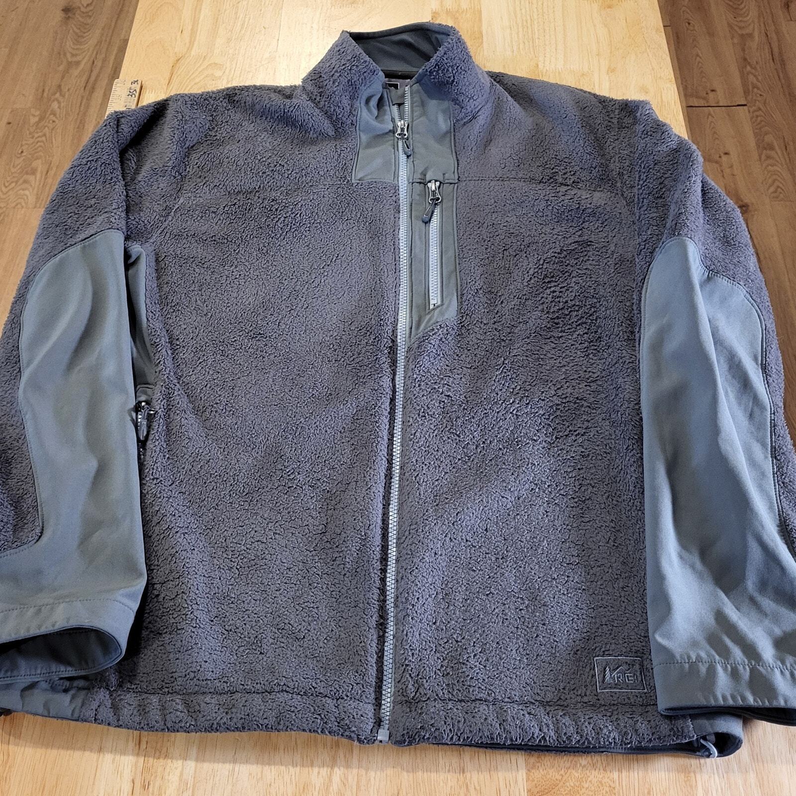 REI Gray Fleece Full Zip Nylon Sleeve Jacket Pockets Medium Toggle 22" P2P 25" L