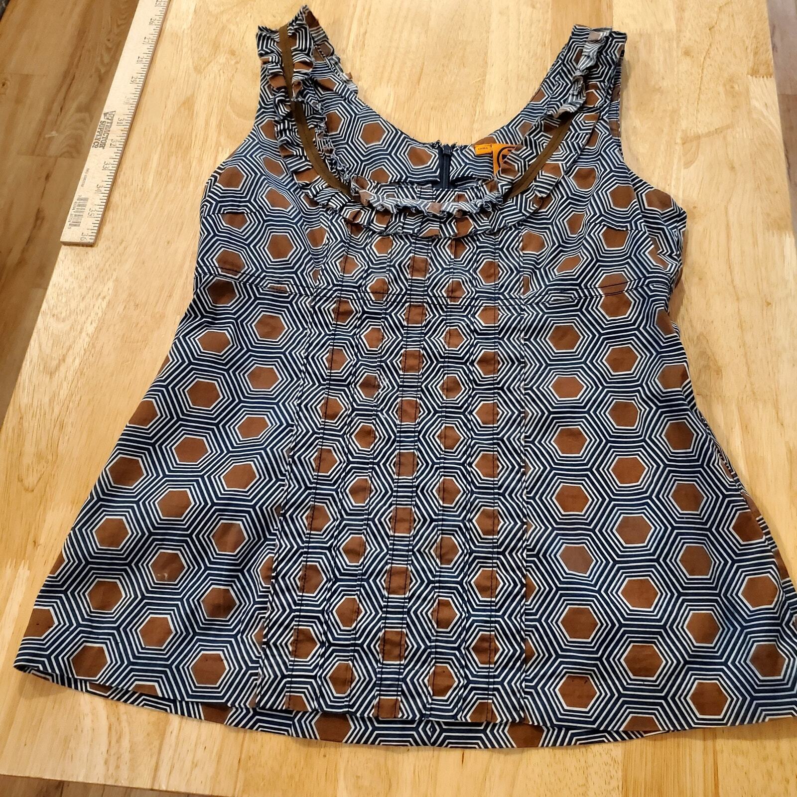 Geometric Tory Burch Sleeveless Blouse Cotton Pleated detail Blue brown