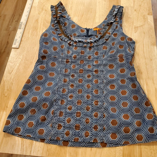 Geometric Tory Burch Sleeveless Blouse Cotton Pleated detail Blue brown