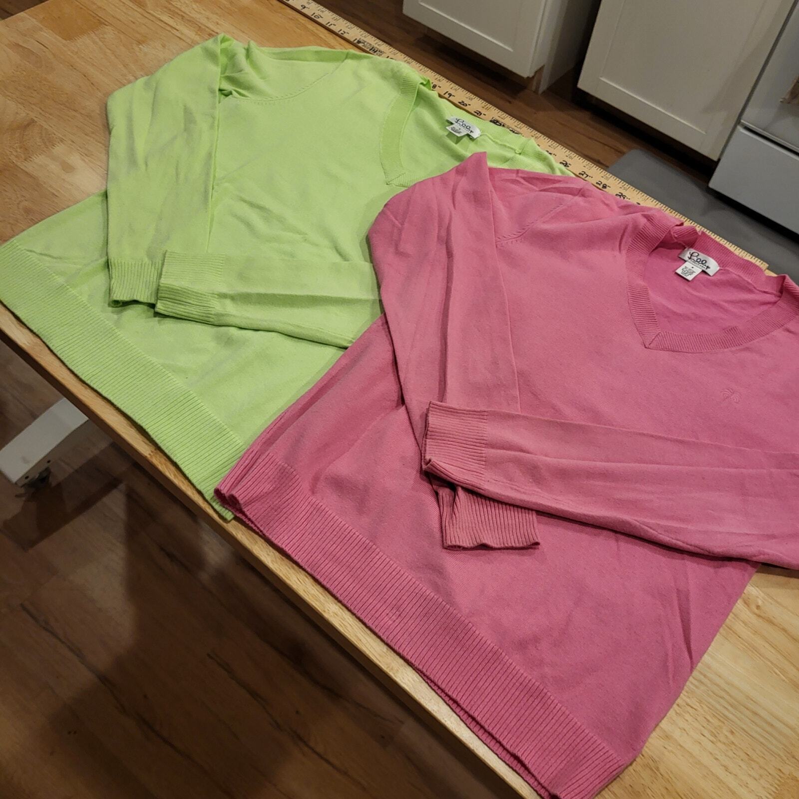 Lilly Pulitzer Lot of 2 Pink & Green Cotton Blend V Small Neck Sweaters 
