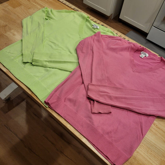 Lilly Pulitzer Lot of 2 Pink & Green Cotton Blend V Small Neck Sweaters 