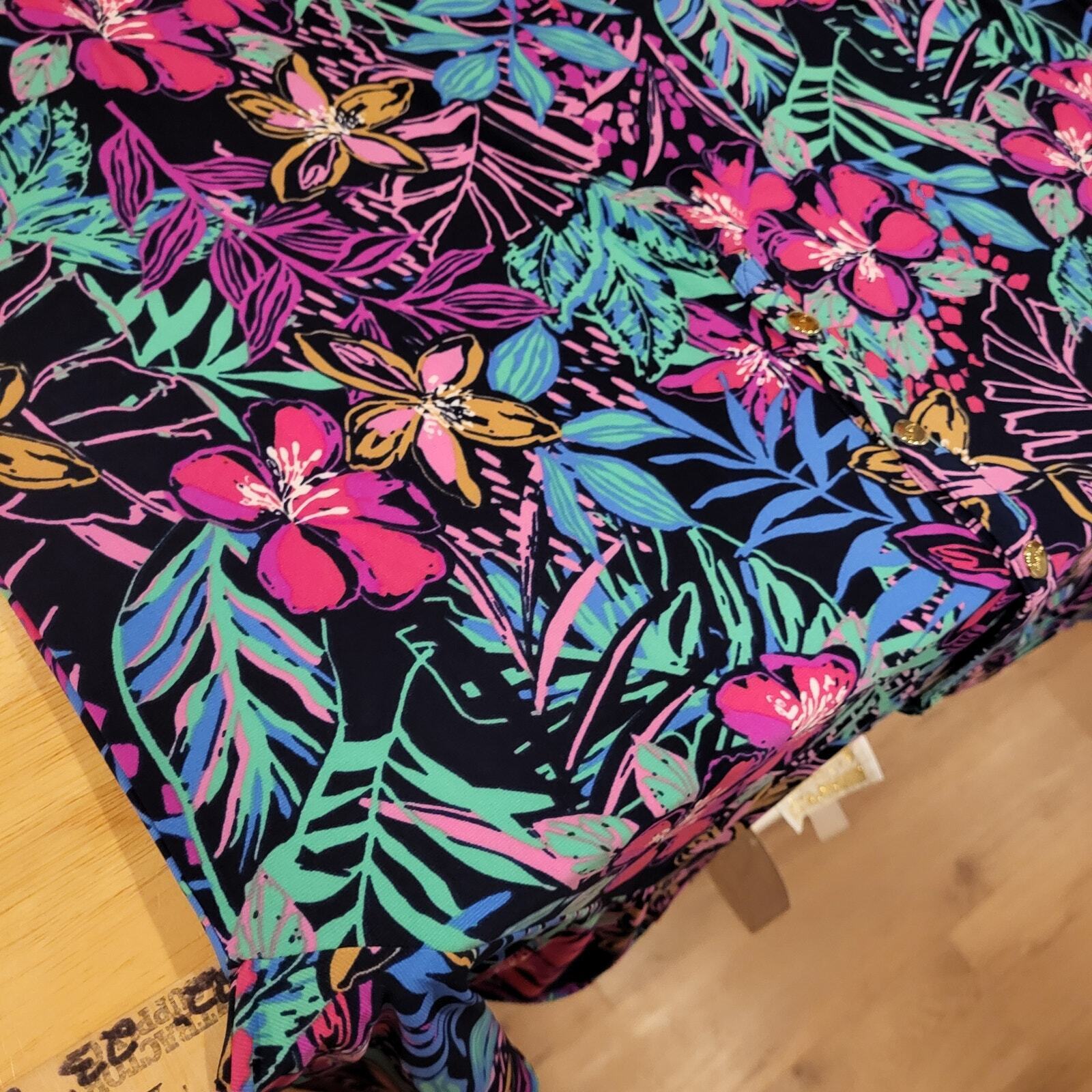 NWT Pappagallo Navy Floral Gold Button Knee Length Dress Long Sleeve Large