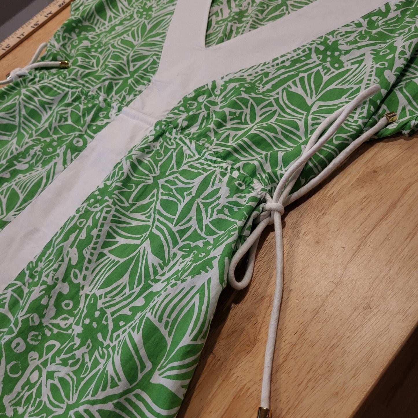 Lilly Pulitzer Green Botanical Print White Trim Baby Doll Top Cap Sleeve Trim XS