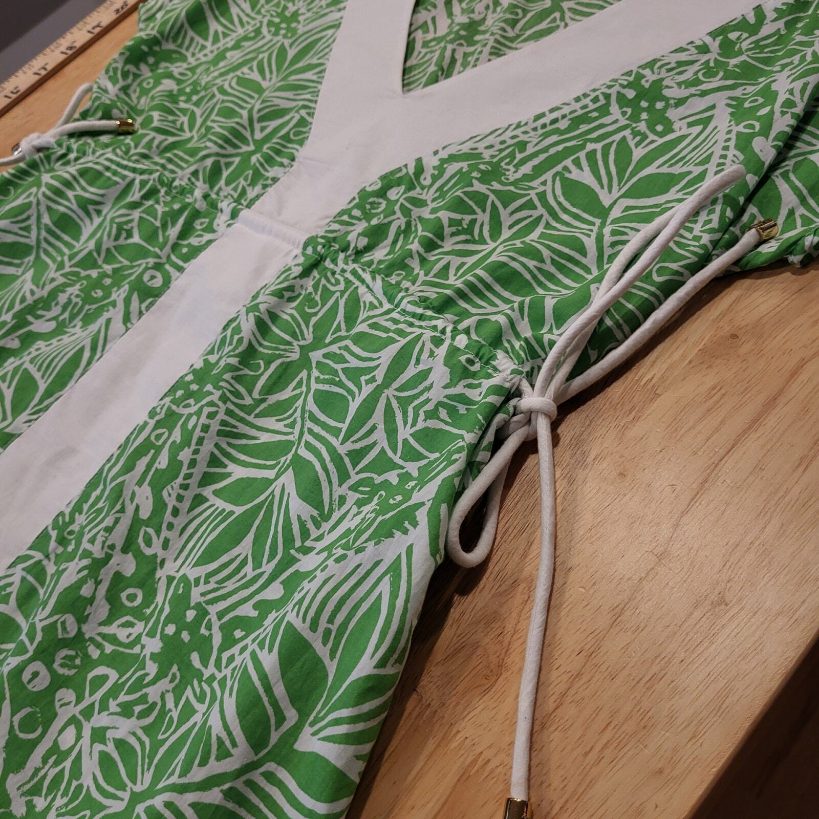 Lilly Pulitzer Green Botanical Print White Trim Baby Doll Top Cap Sleeve Trim XS