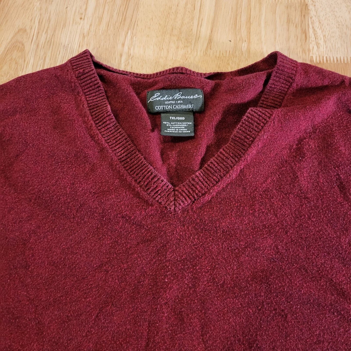 Eddie Bauer Cotton Cashmere Made in USA TXL V-neck Sweater Burgundy Maroon