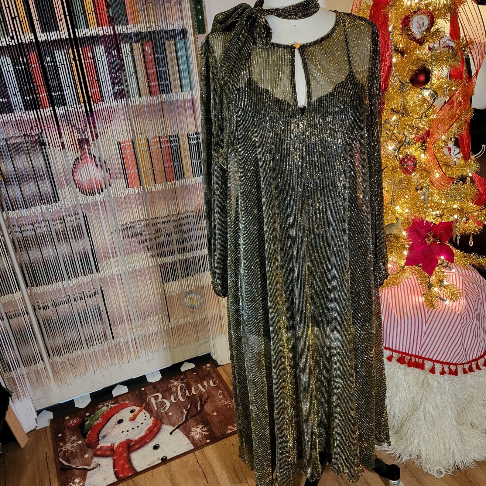 Gold Metallic Vintage Sheer Maxi Dress Long Sleeve Belt 24" P2P Ribbed