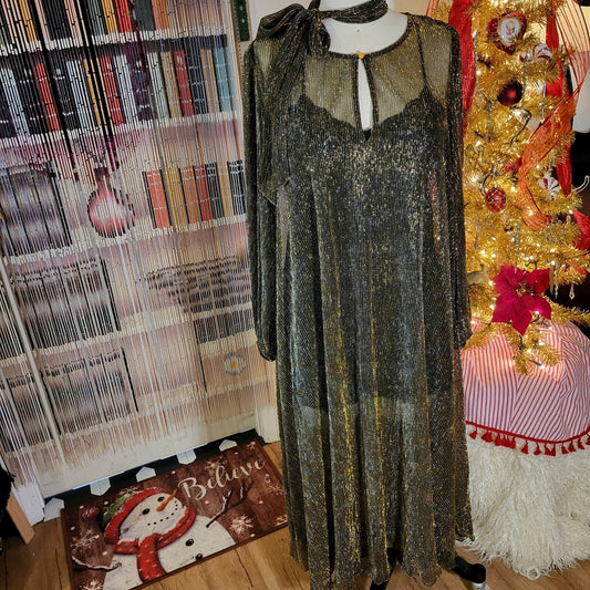 Gold Metallic Vintage Sheer Maxi Dress Long Sleeve Belt 24" P2P Ribbed