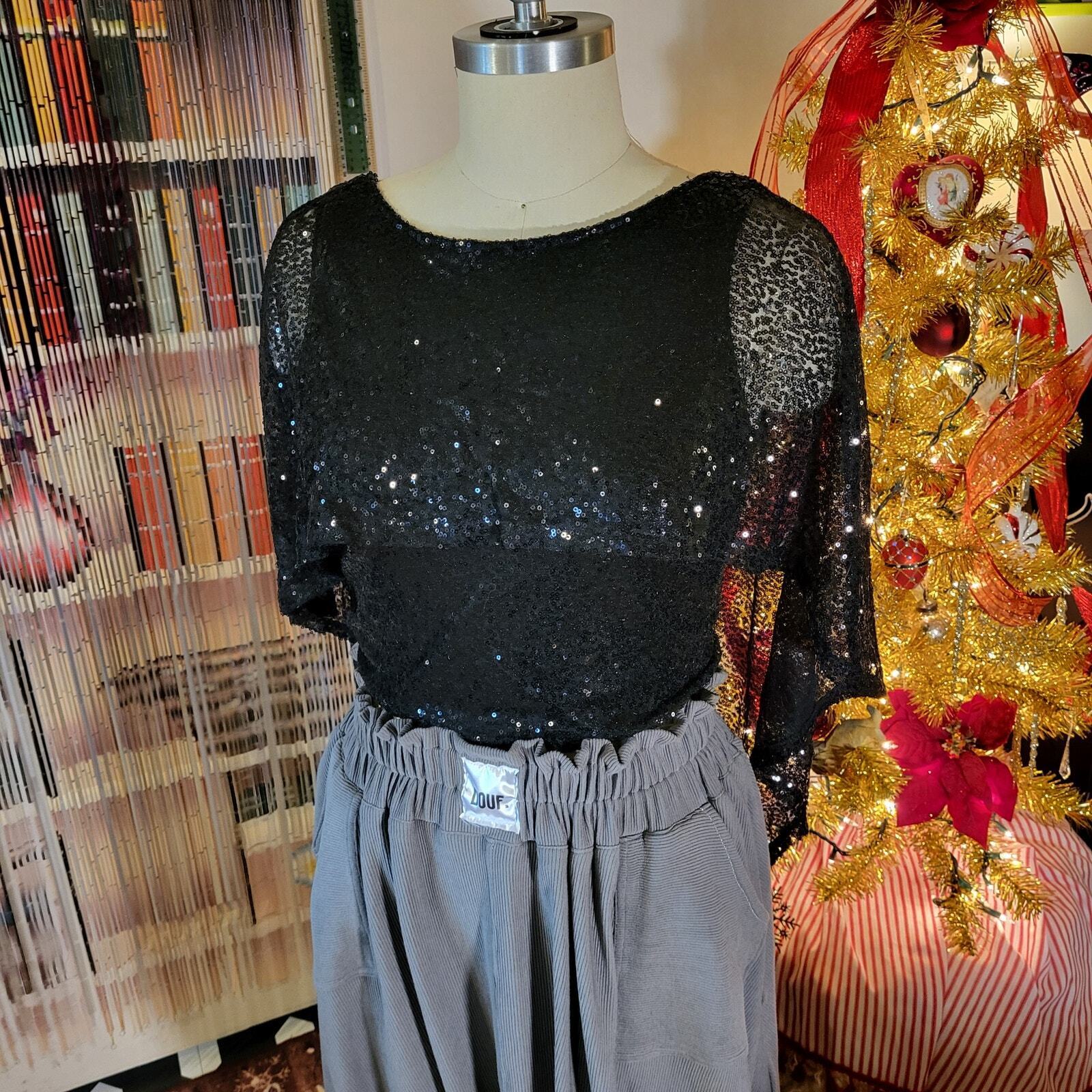 Black Sequin Bat Wing zip Back Blouse Cropped Pretty 