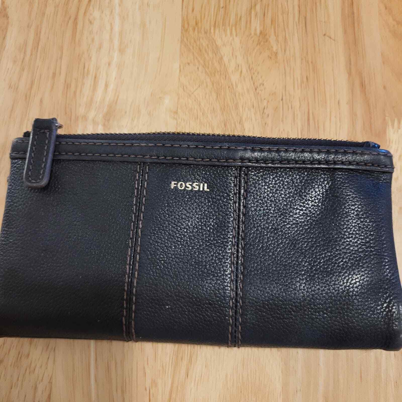Black Leather Fossil Wallet 9" Snap Closure Zip Pocket