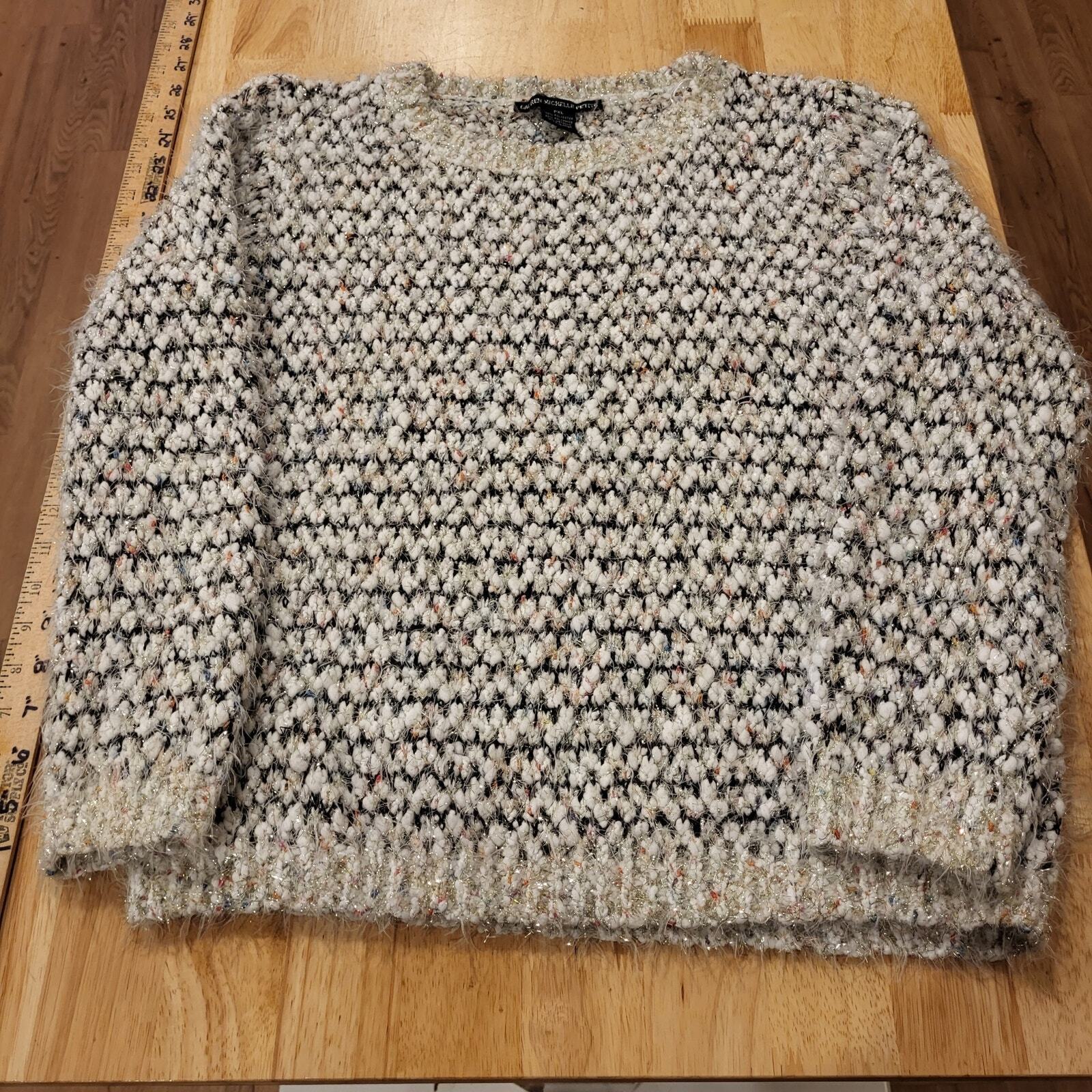 Lauren Michelle Petite PXL Chunky Metallic Knit Sweater Silver Black White