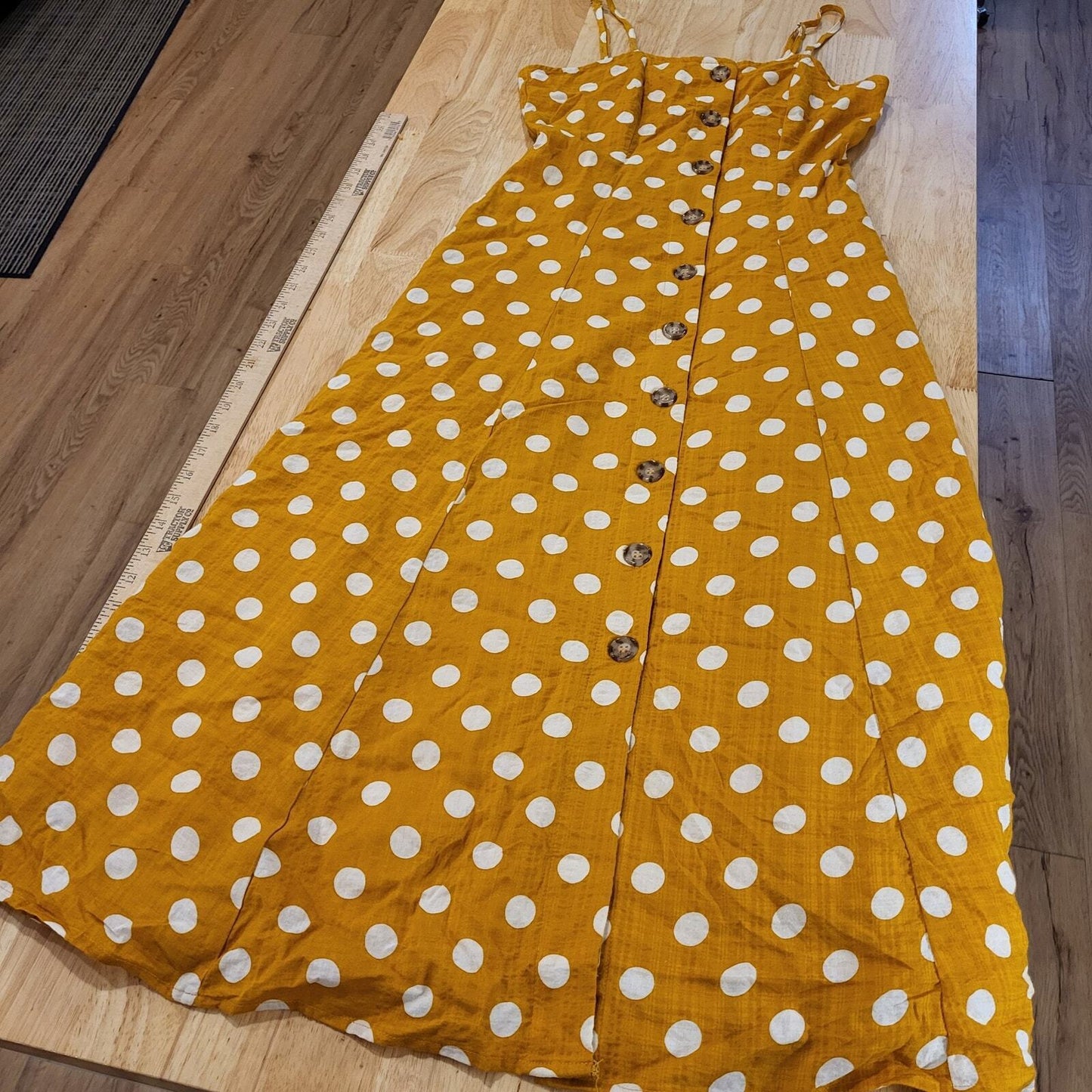 Rebellion Mustard Yellow Polka Dot Strappy Dress Small Button 16" p2p 14" Waist