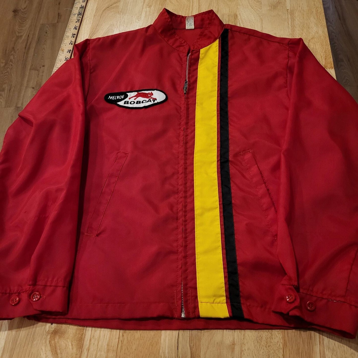 Red Nylon Vintage Jacket Zip 22" Pit to Pit Stripe Melroe Bobcat